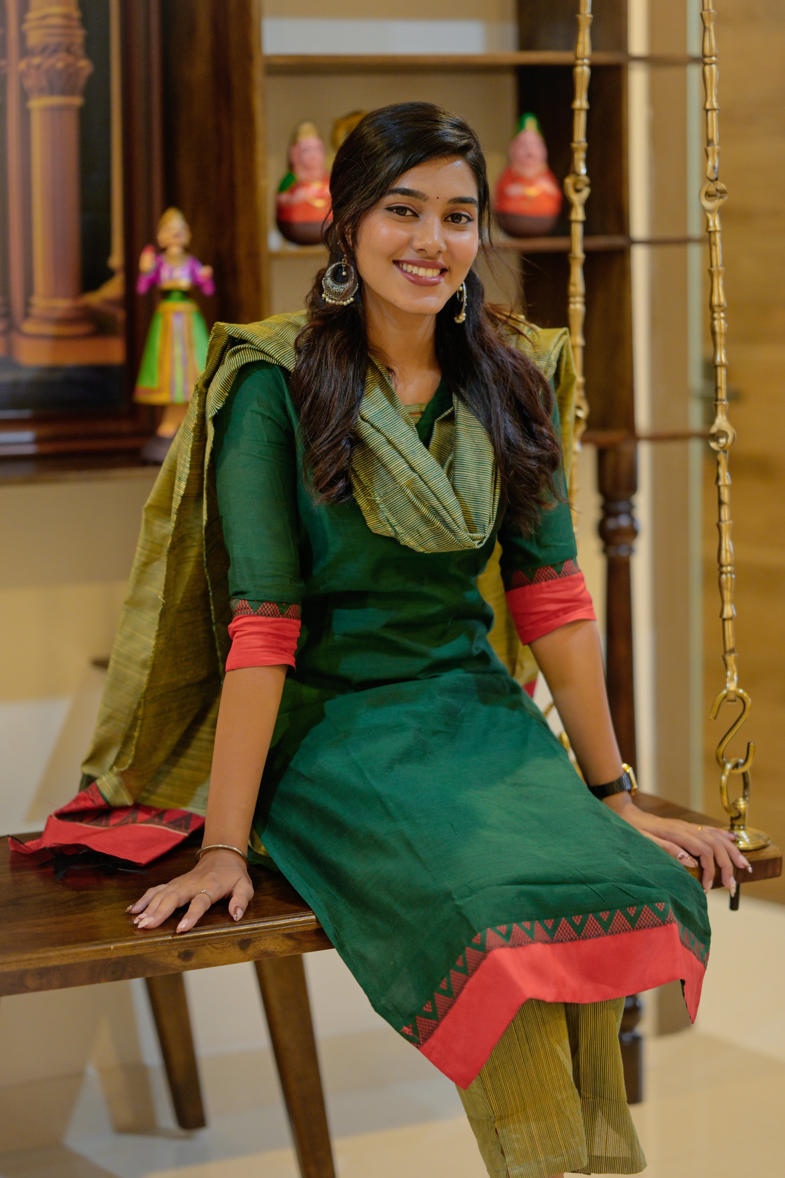 Arpudha (green) - chanderi silk suit with temple border in green and red