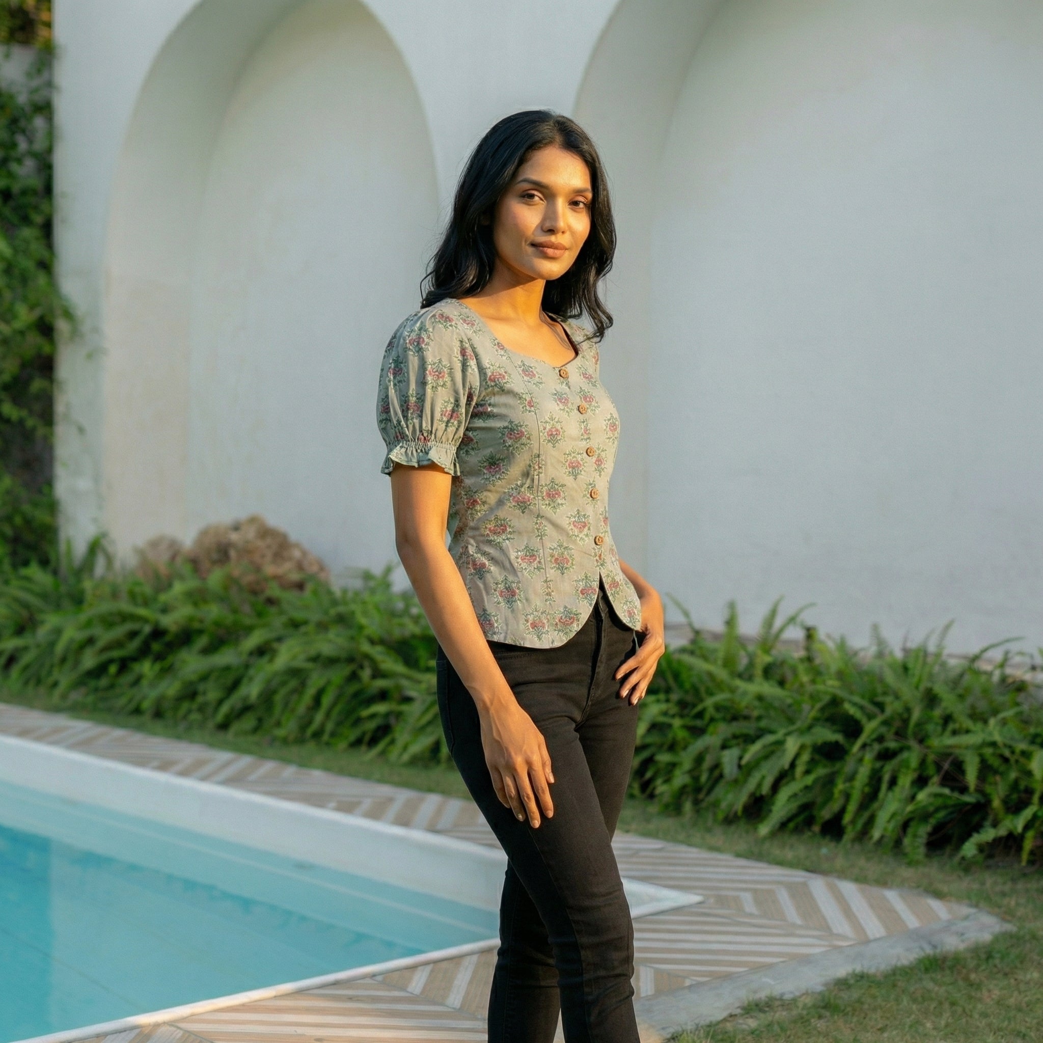 Crop top #73- handloom puff hand organic cotton top in turkish blue