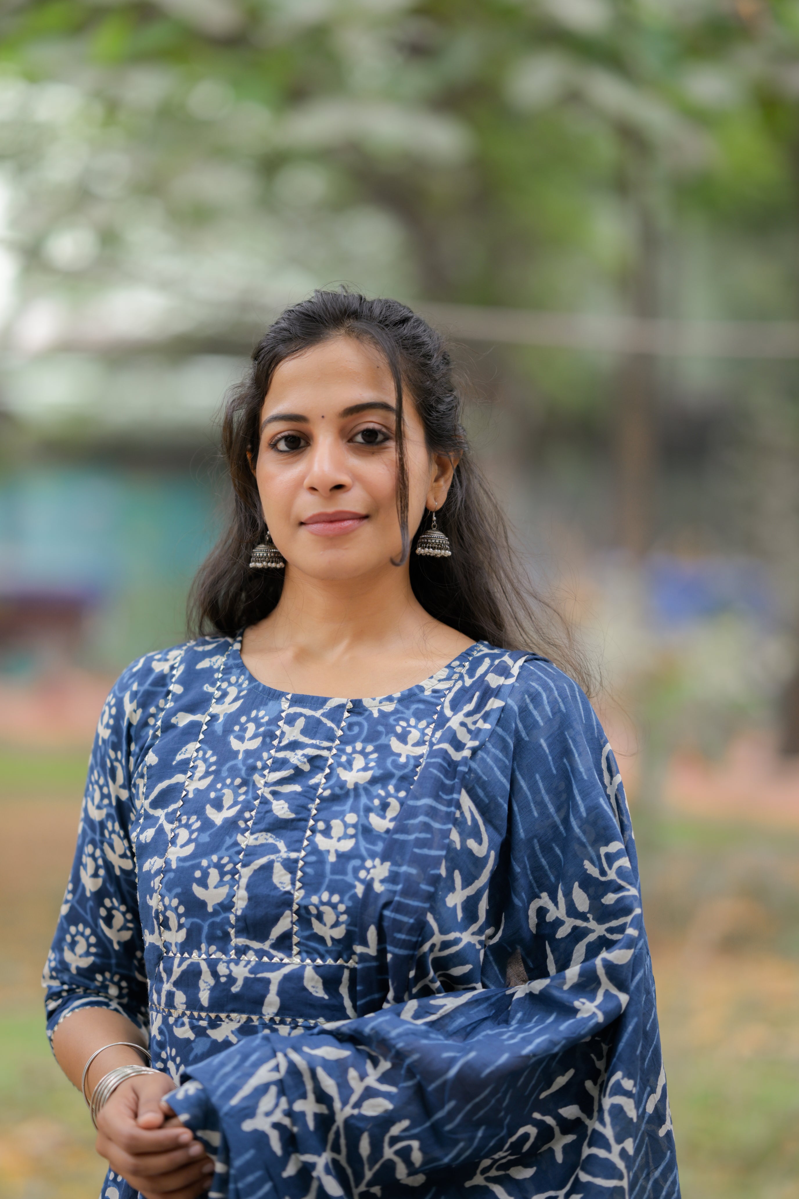 Lasya - handblock printed anarkali cotton suit set in indigo