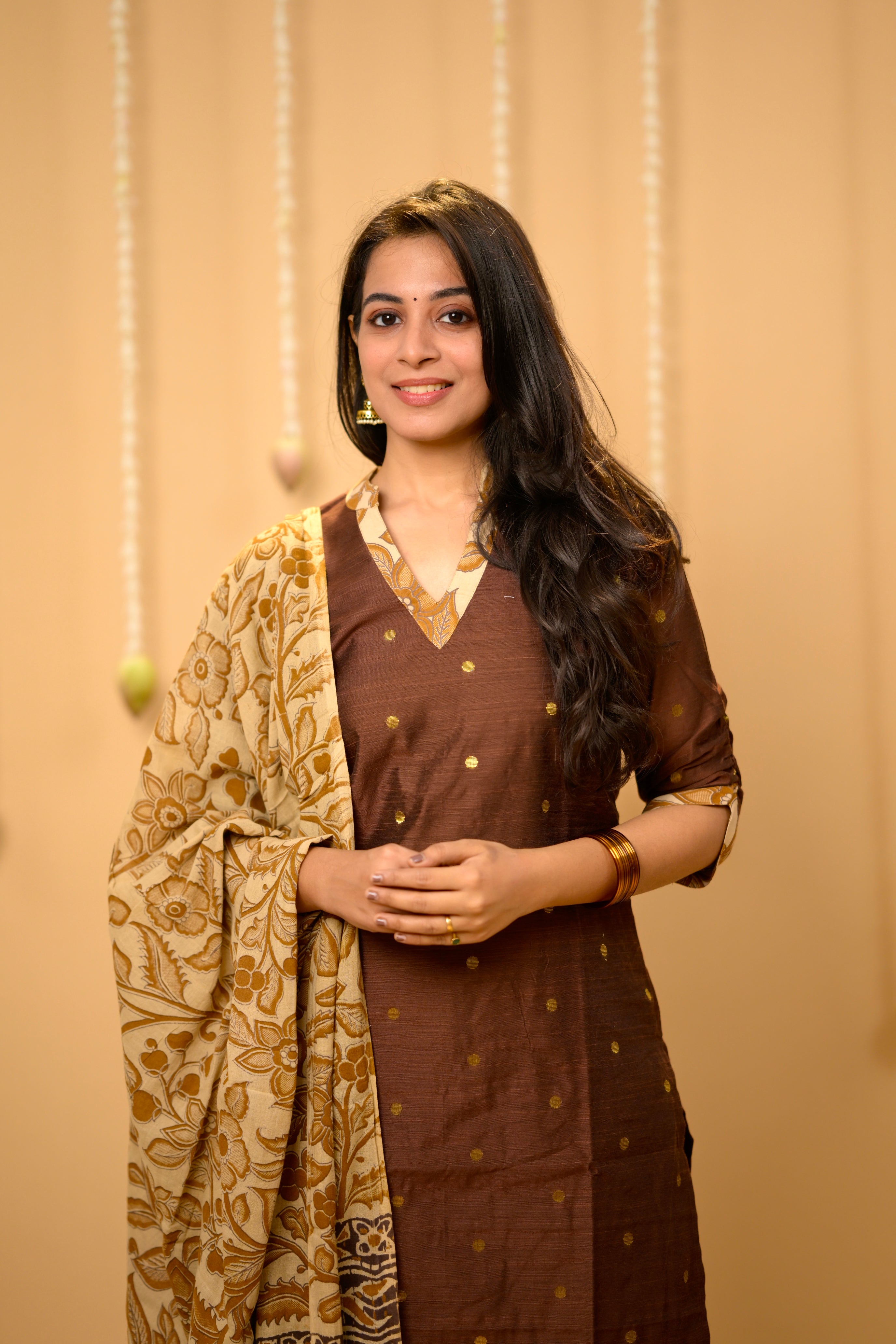 Kothai (brown) - handloom silk by cotton suit set with hand painted kalamkari dupatta in brown
