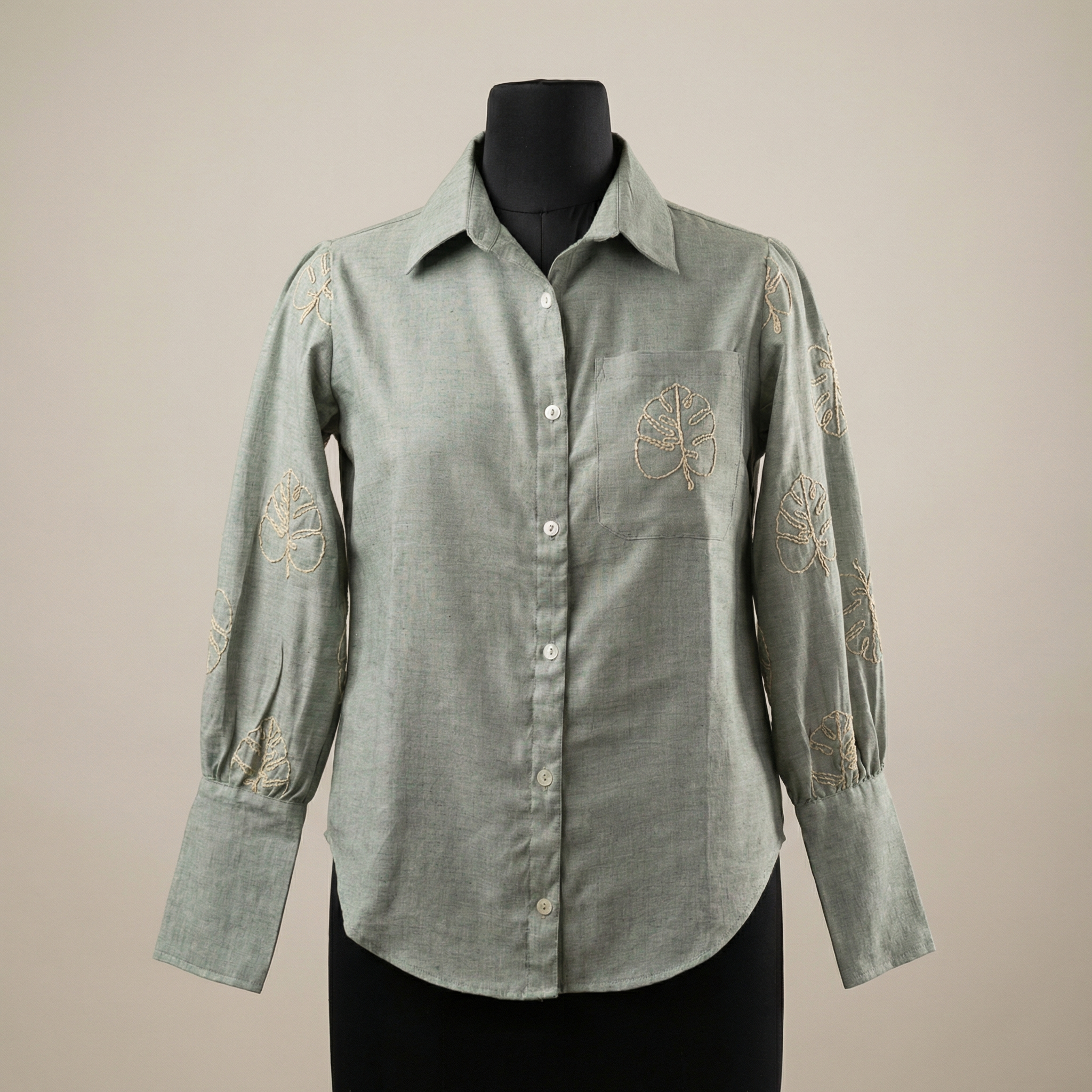 Women Linen shirt 1 - linen cotton shirt in mint green colour with hand embroidery