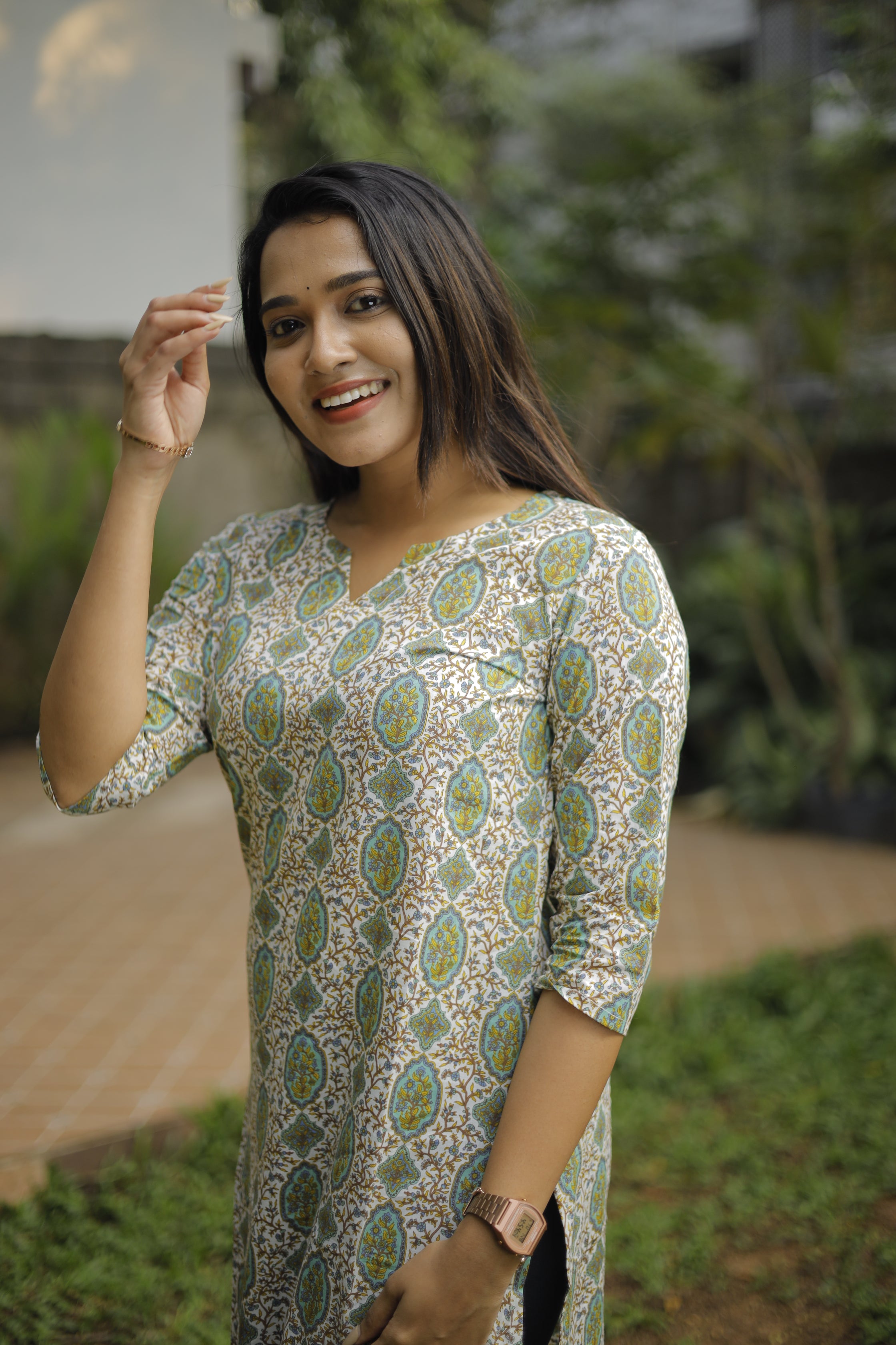 Kurti -129 - abstract printed cotton kurti in white & green