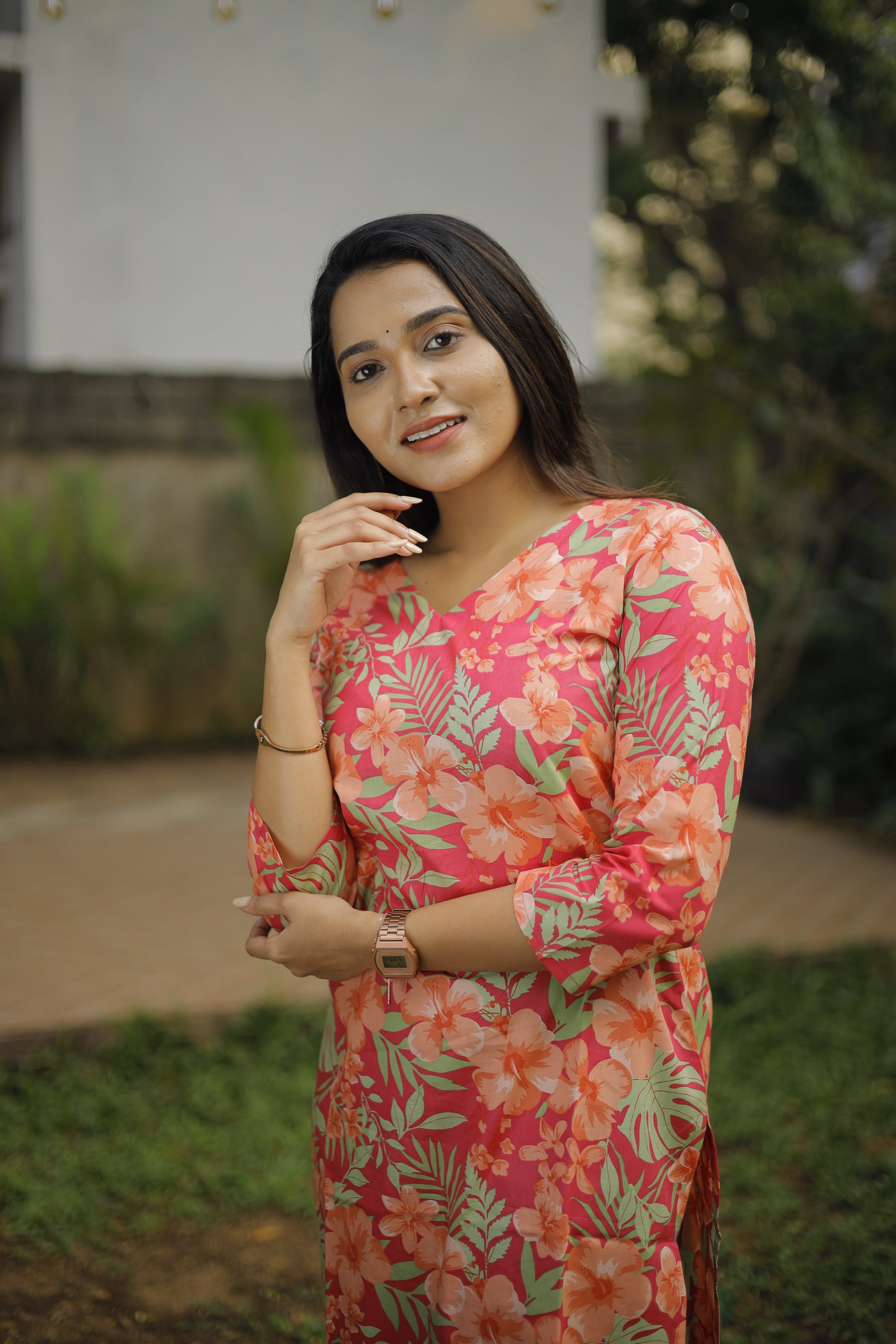 Kurti -118 - floral printed cotton kurti in pink & orange