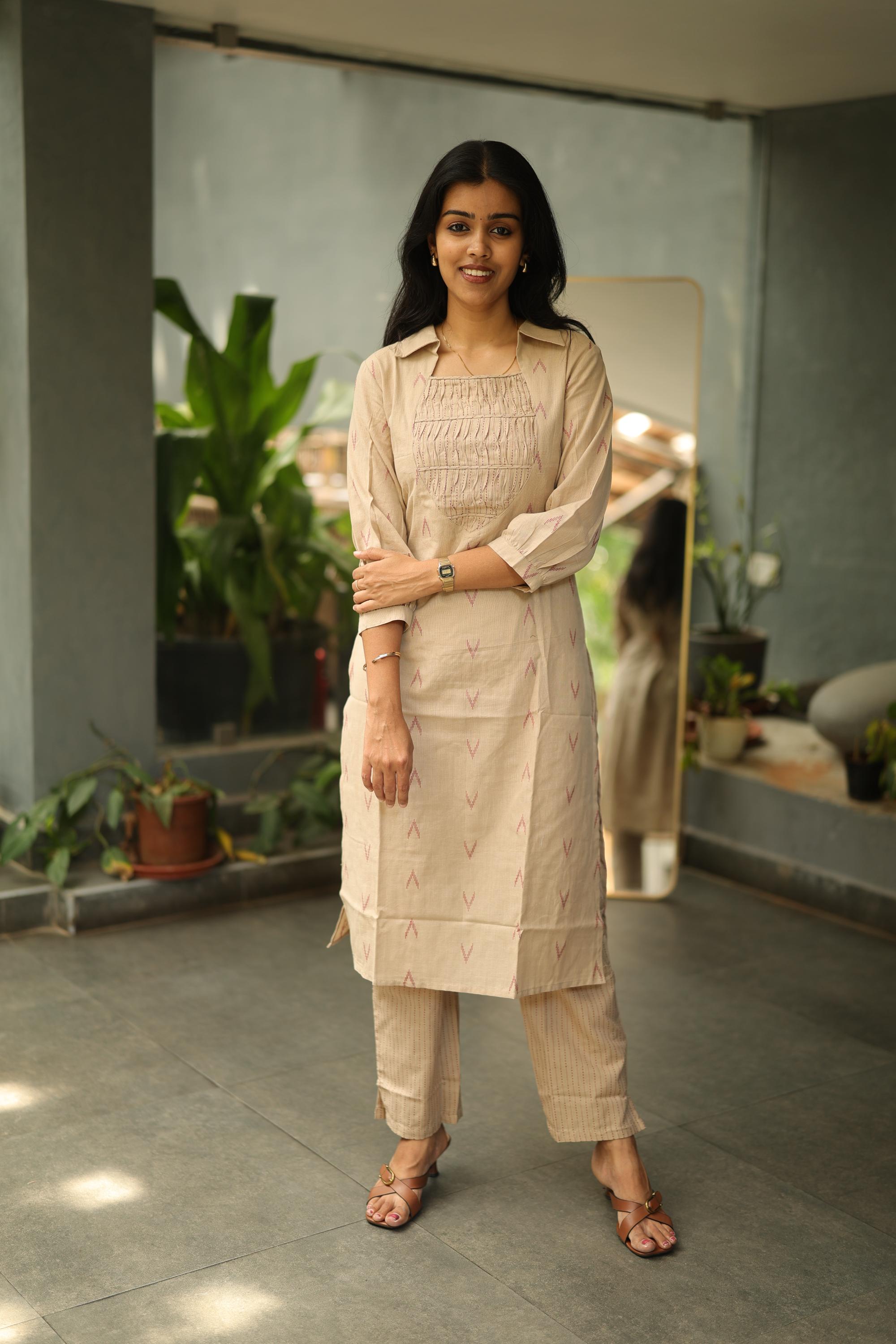 Yazhika - handloom cotton kurta set in biscoff colour