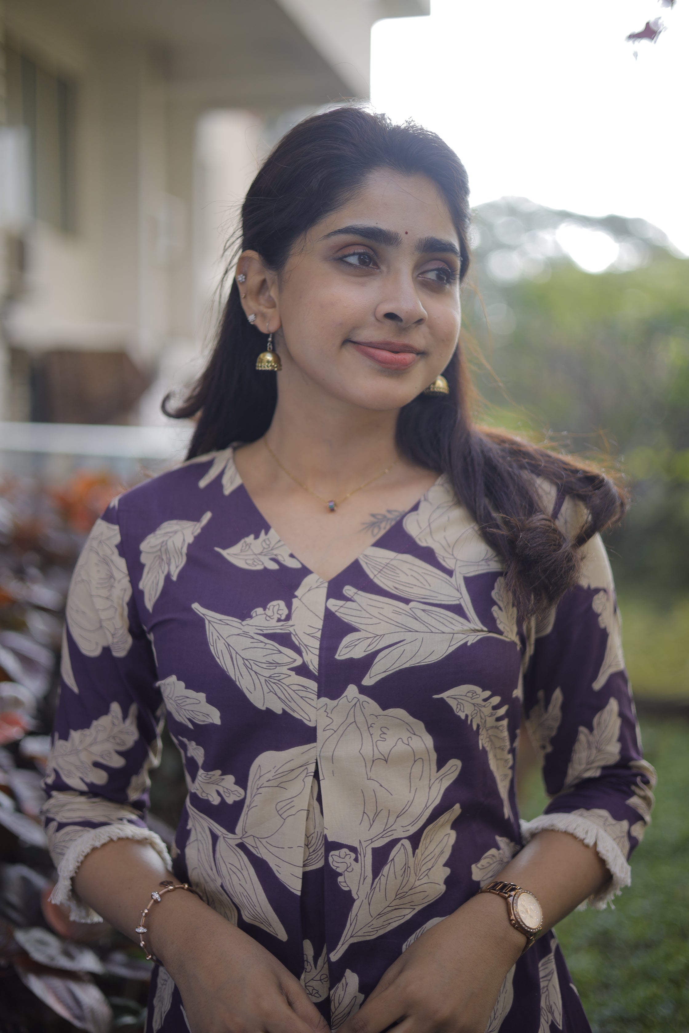 Sreshta (dark purple) - floral hand block printed cotton kurta set in dark purple