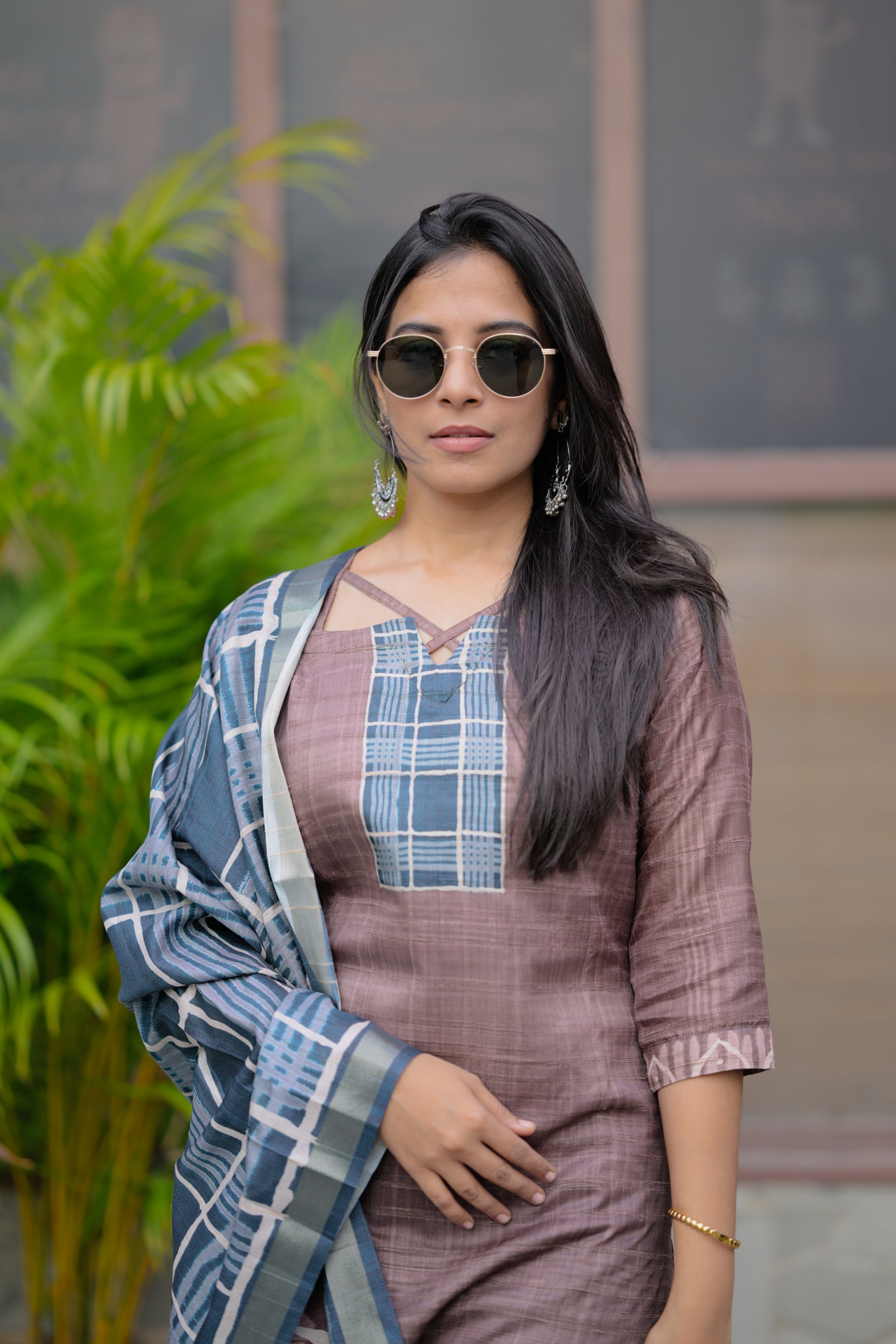 Sakhi - pure tussar silk kurta with dupatta in dusty mauve and blue colour