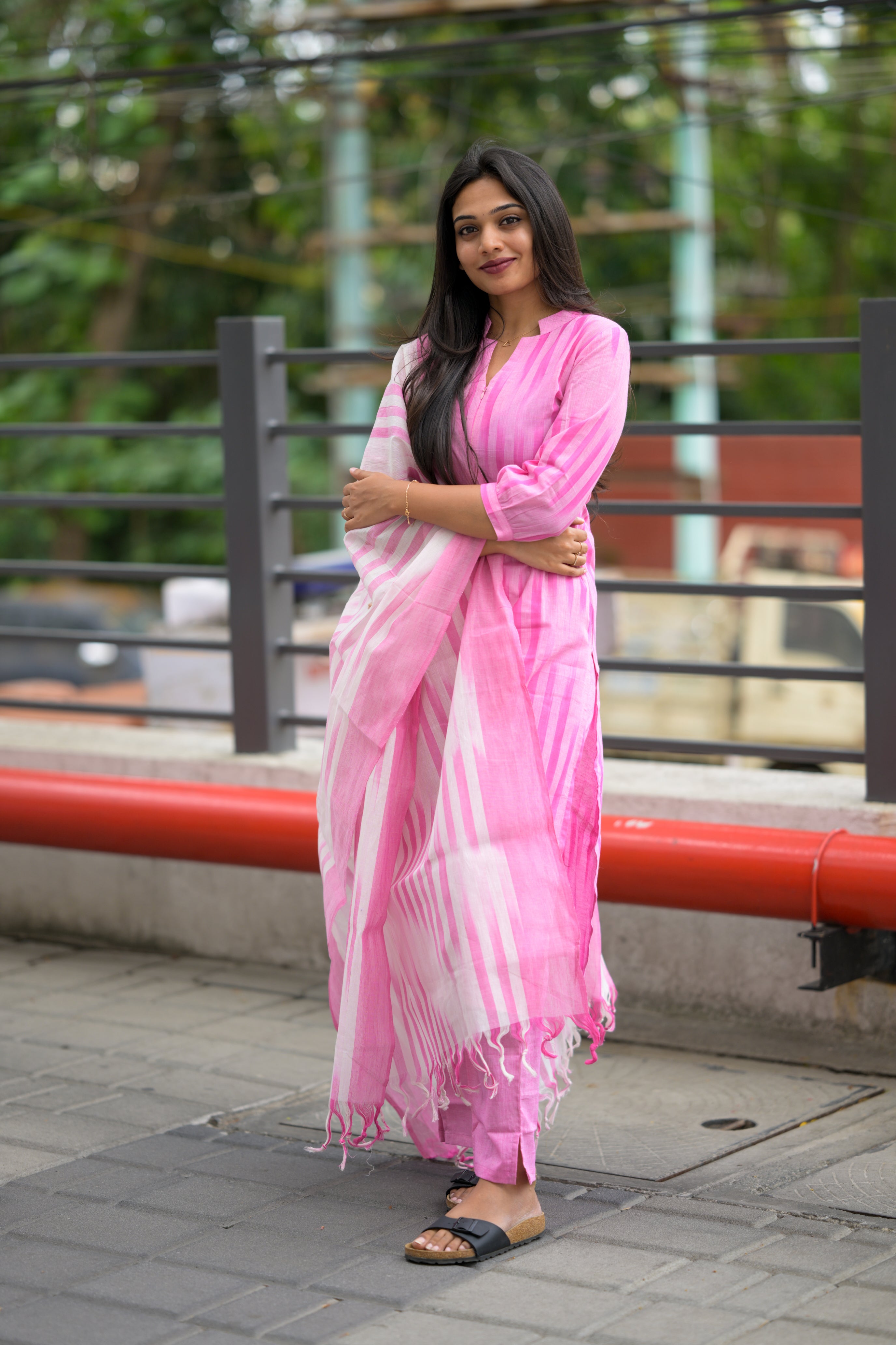 Kalki(rose milk)- ikkat handloom cotton suit set with dupatta in rose