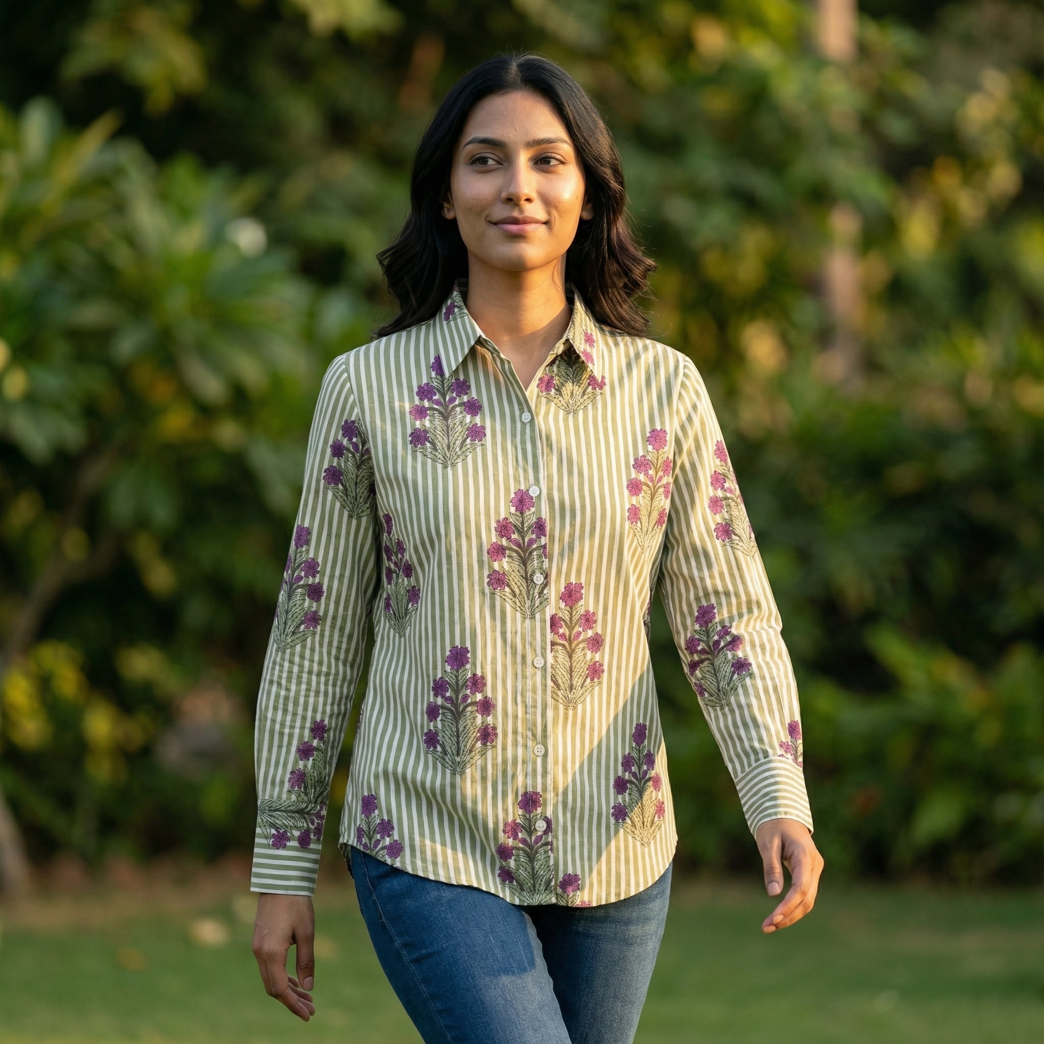 Women's shirt 35-  Floral printed organic cotton shirt in green