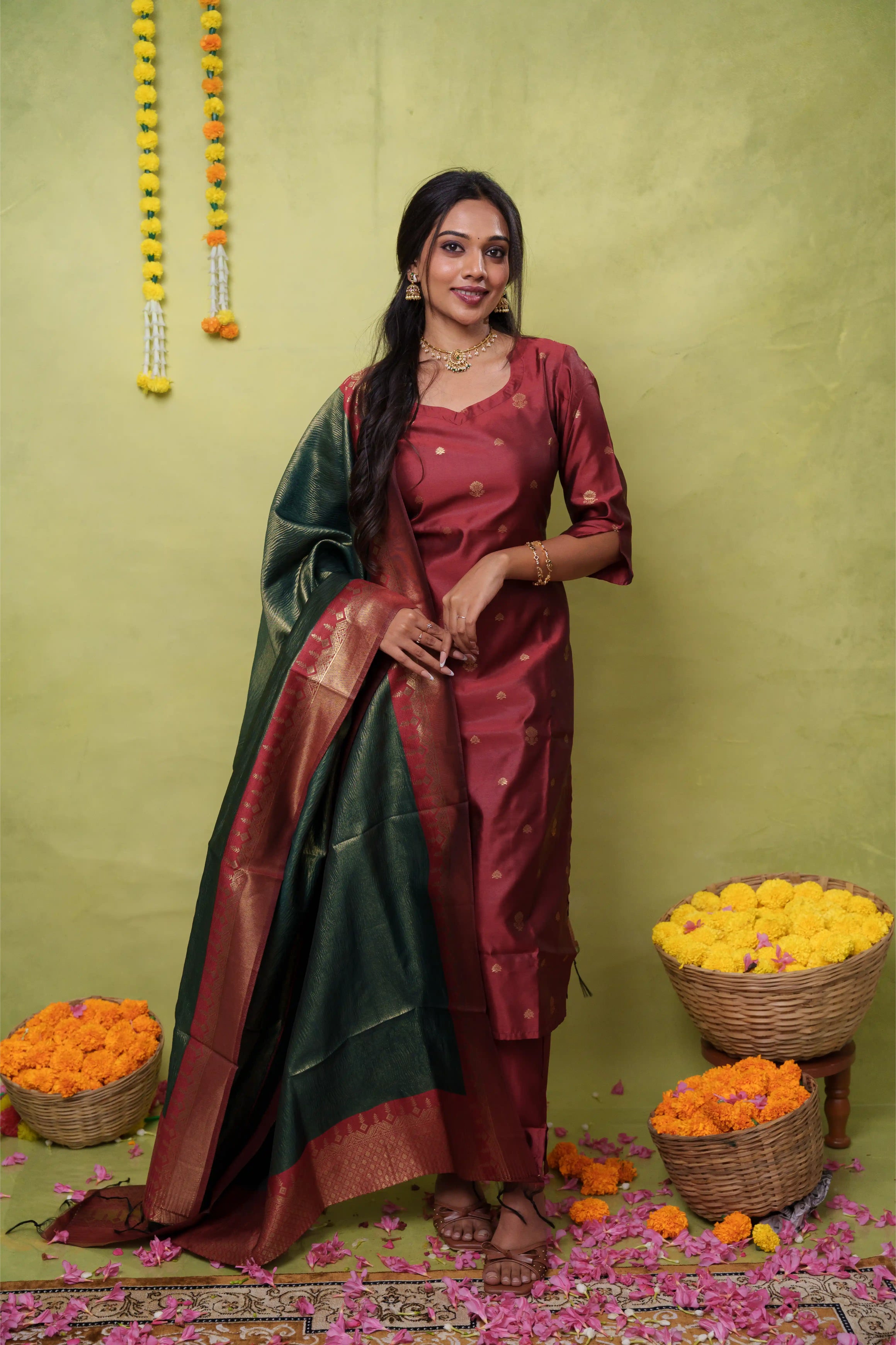 Samanvitha (maroon) -  vegan silk suit set with crushed tissue silk dupatta in green and maroon