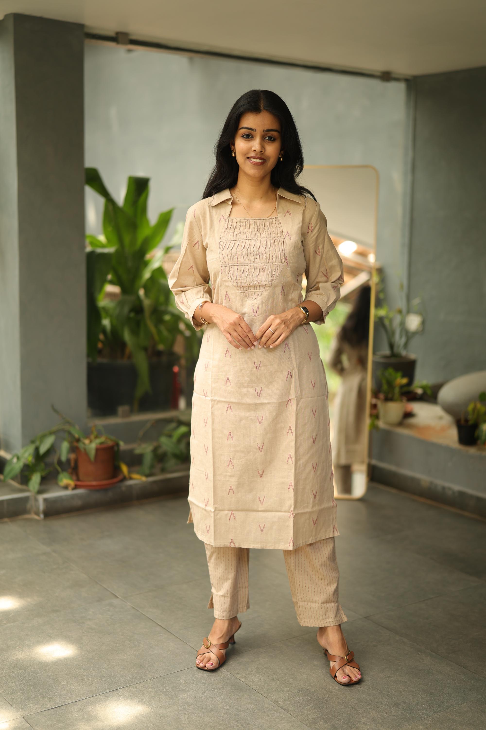 Yazhika - handloom cotton kurta set in biscoff colour