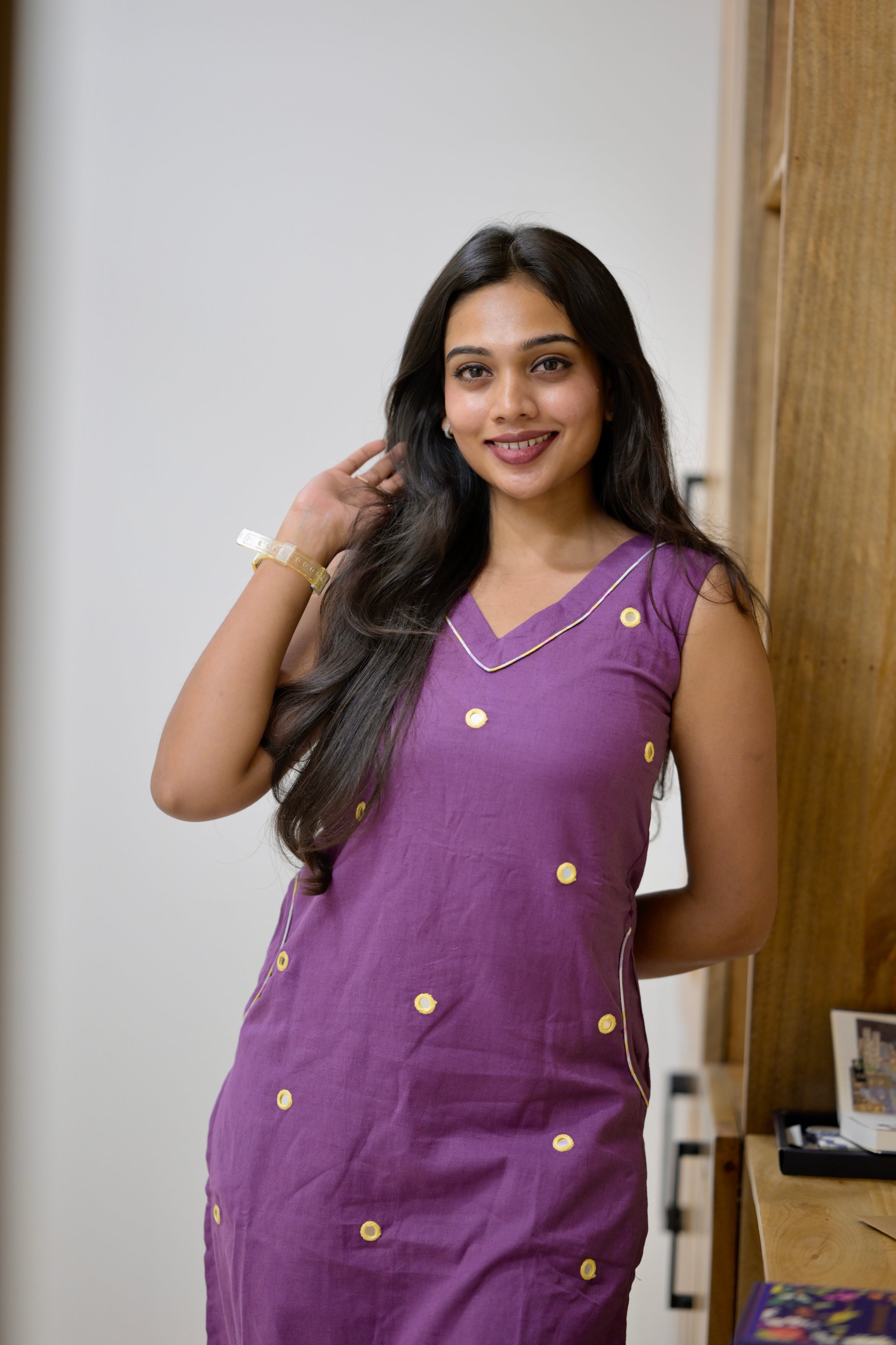 Shakuntala - linen cotton flex kurta set in with mirror work and pockets in purple colour