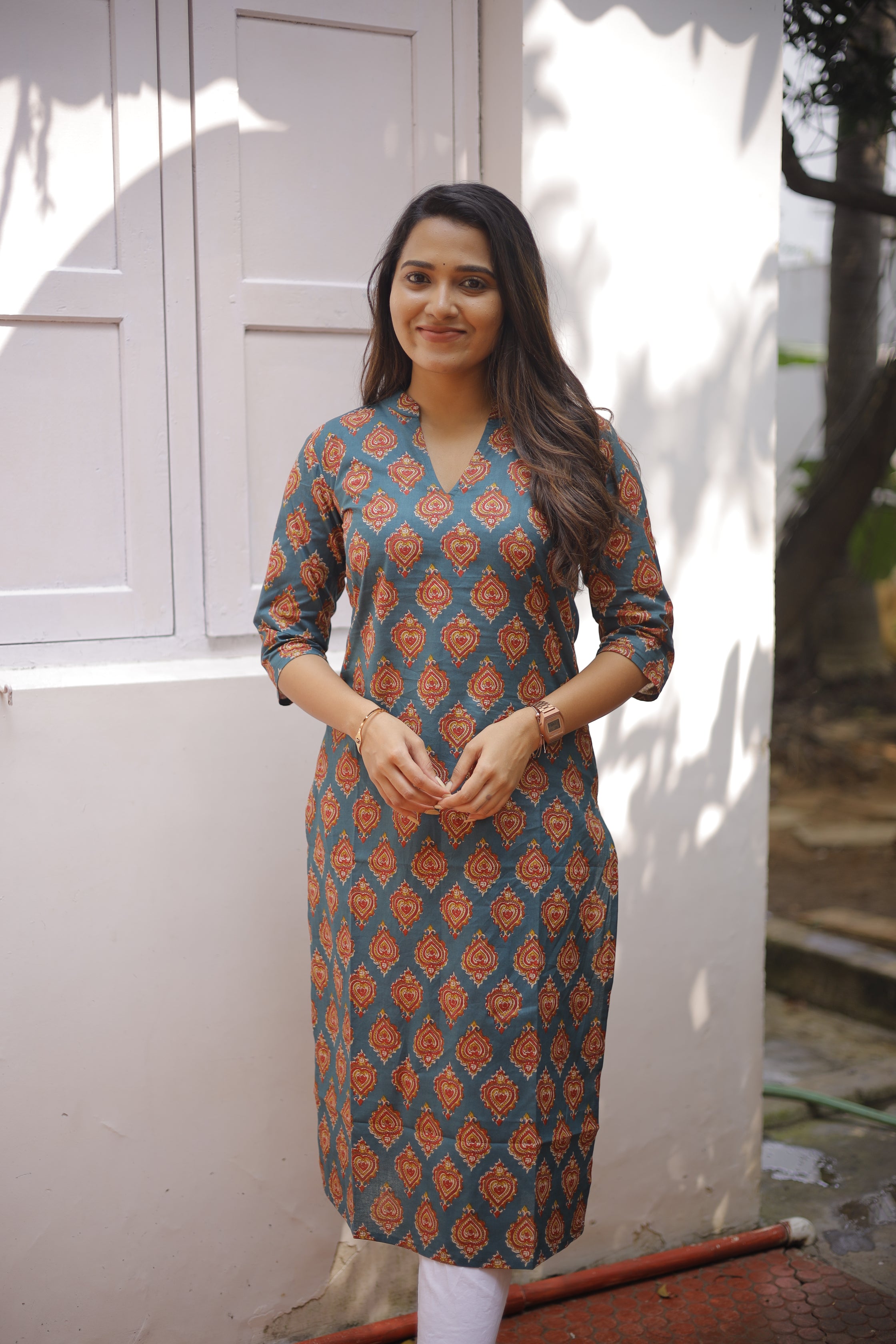 Kurti-114 - leaf motif printed cotton kurti in teal blue and red