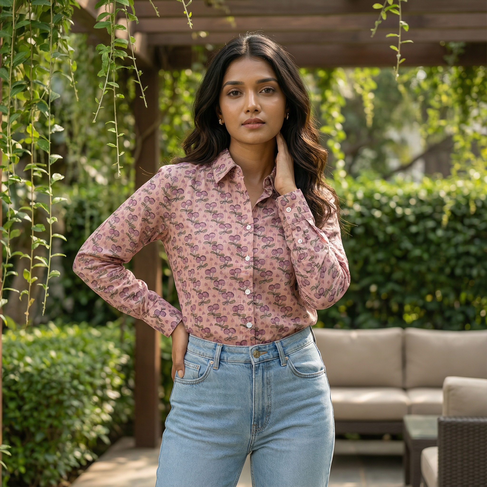 Women's shirt 22- Floral printed organic cotton shirt in pink