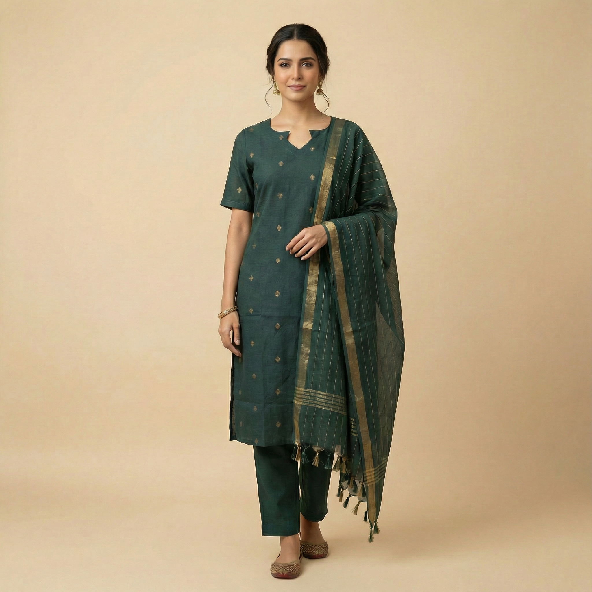 Komal (green) - handloom cotton suit set in green colour