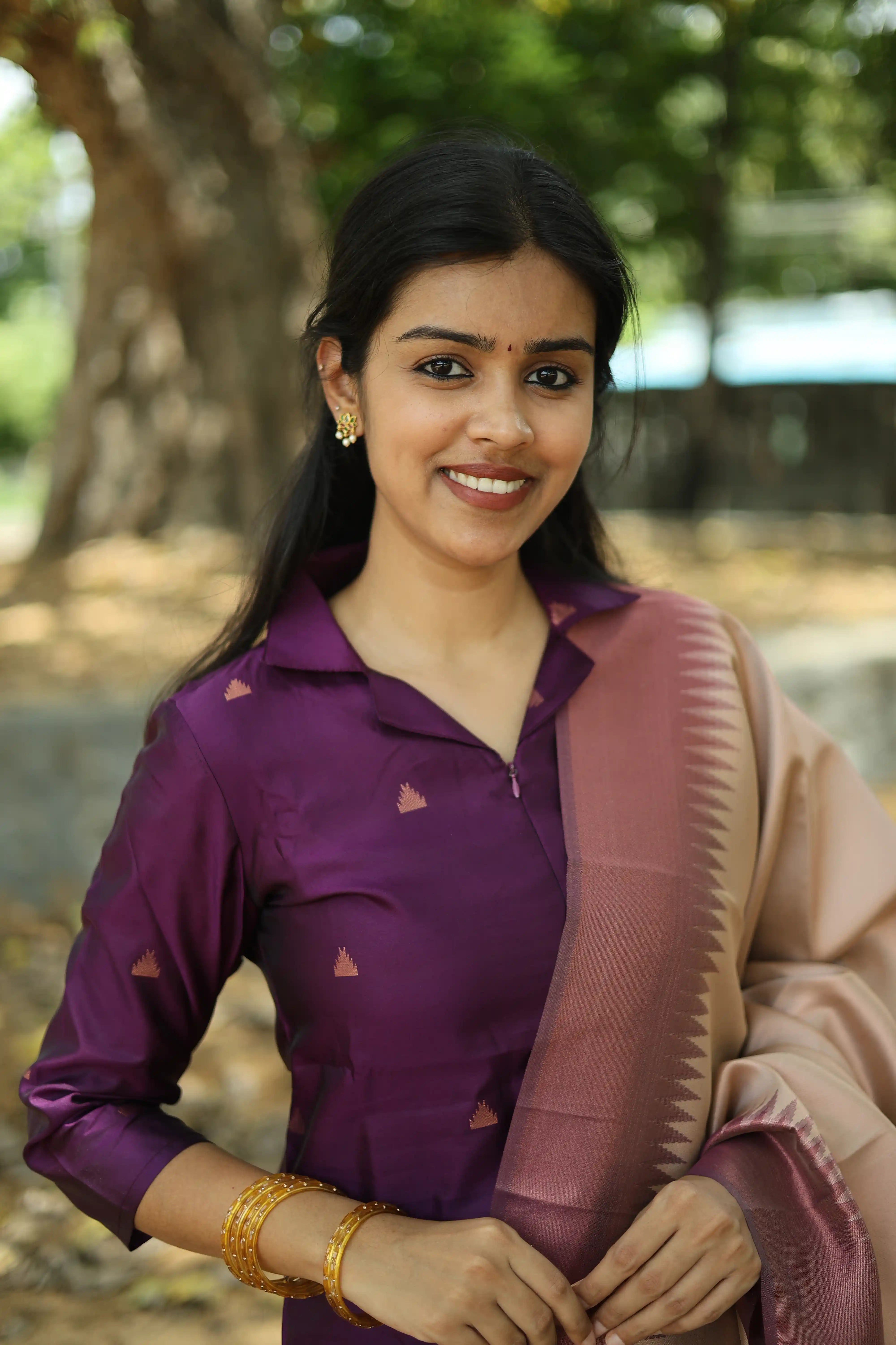 Vruksha Amethyst Bloom - purple vegan silk suit set with beige dupatta with temple border