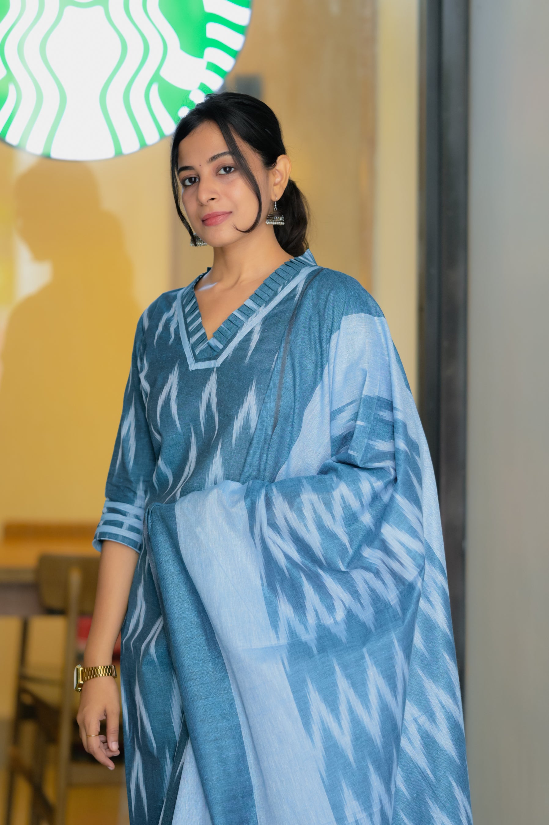 Tejasvi (blue) - handloom ikkat cotton suit set in blue