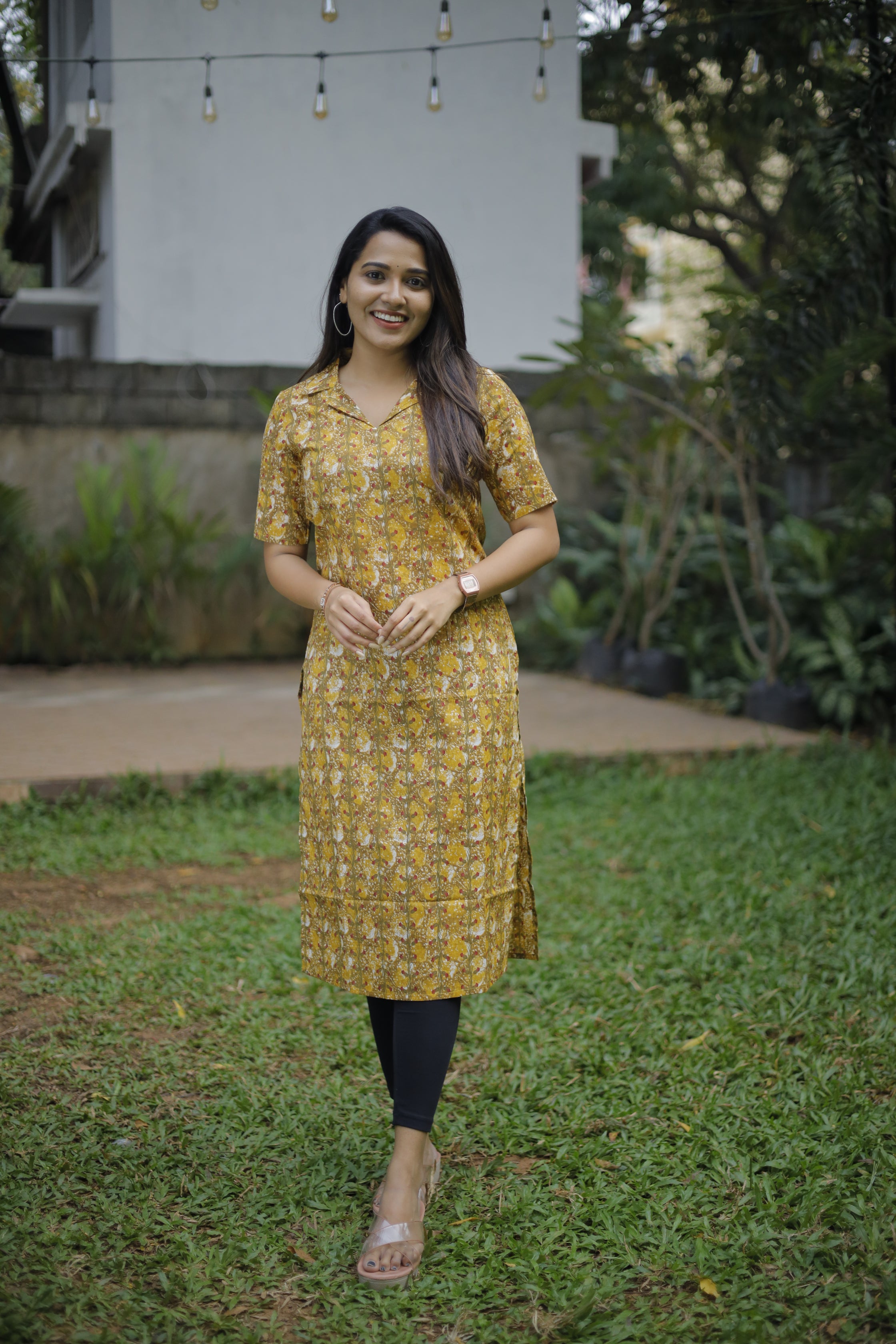 Kurti -125 - floral printed cotton kurti in mustard yellow