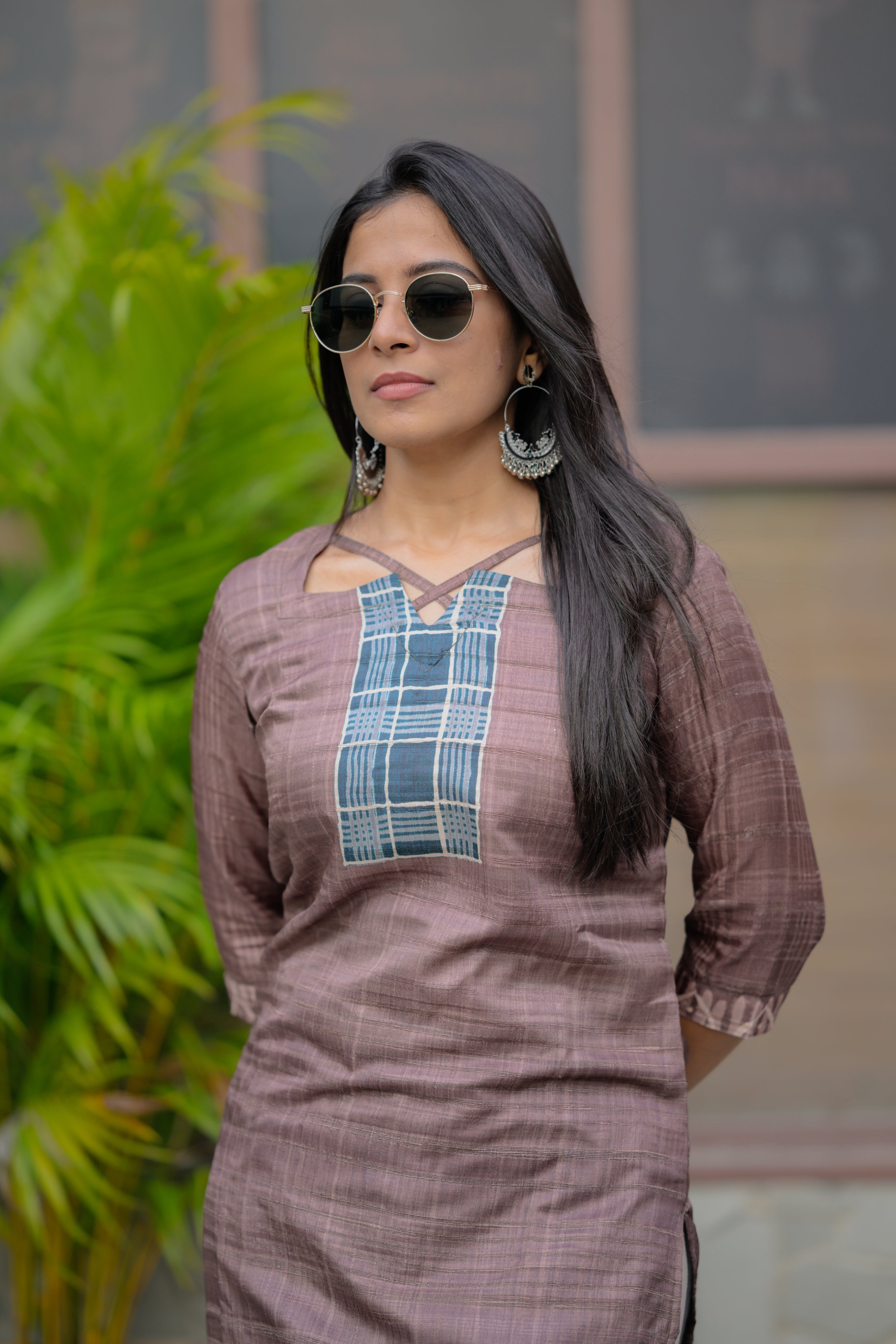 Sakhi - pure tussar silk kurta with dupatta in dusty mauve and blue colour