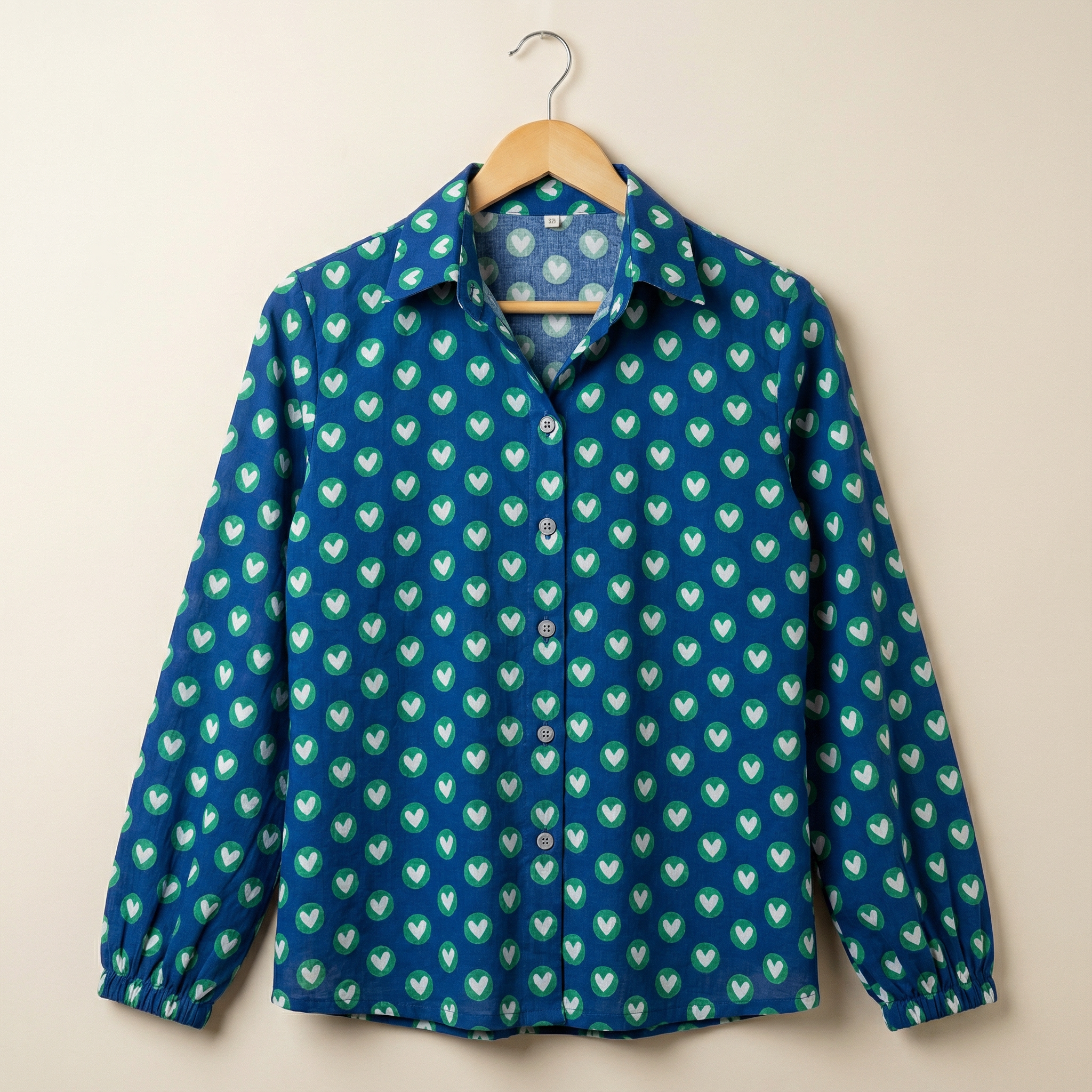Women's shirt 15- Cute heart printed organic cotton shirt in teal blue