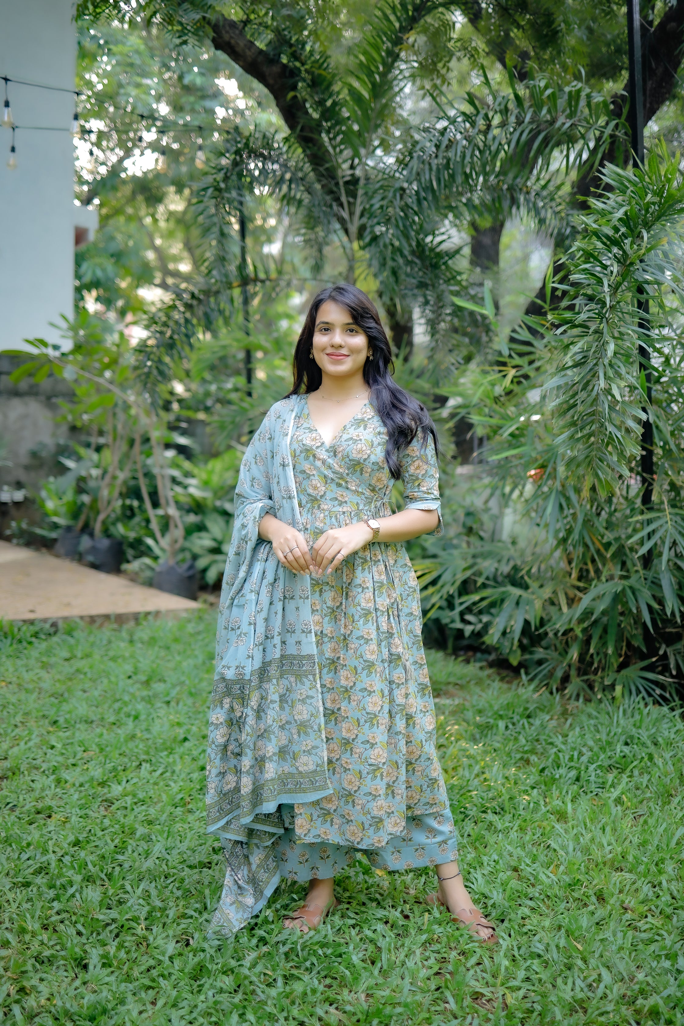 Rashmika - floral anarkali suit set in pastel green