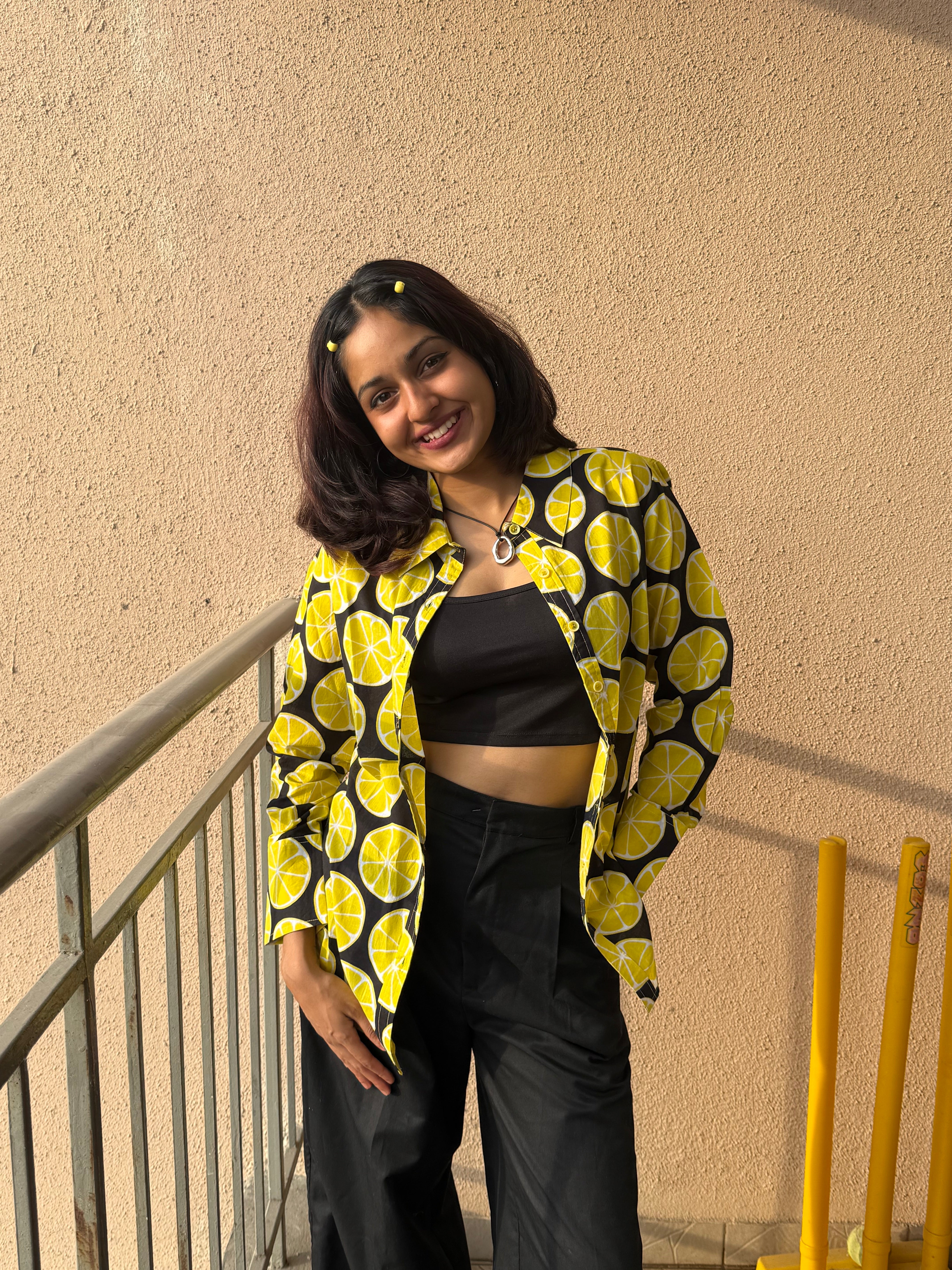 Women's shirt 2 - lemon printed cotton shirt in black and yellow