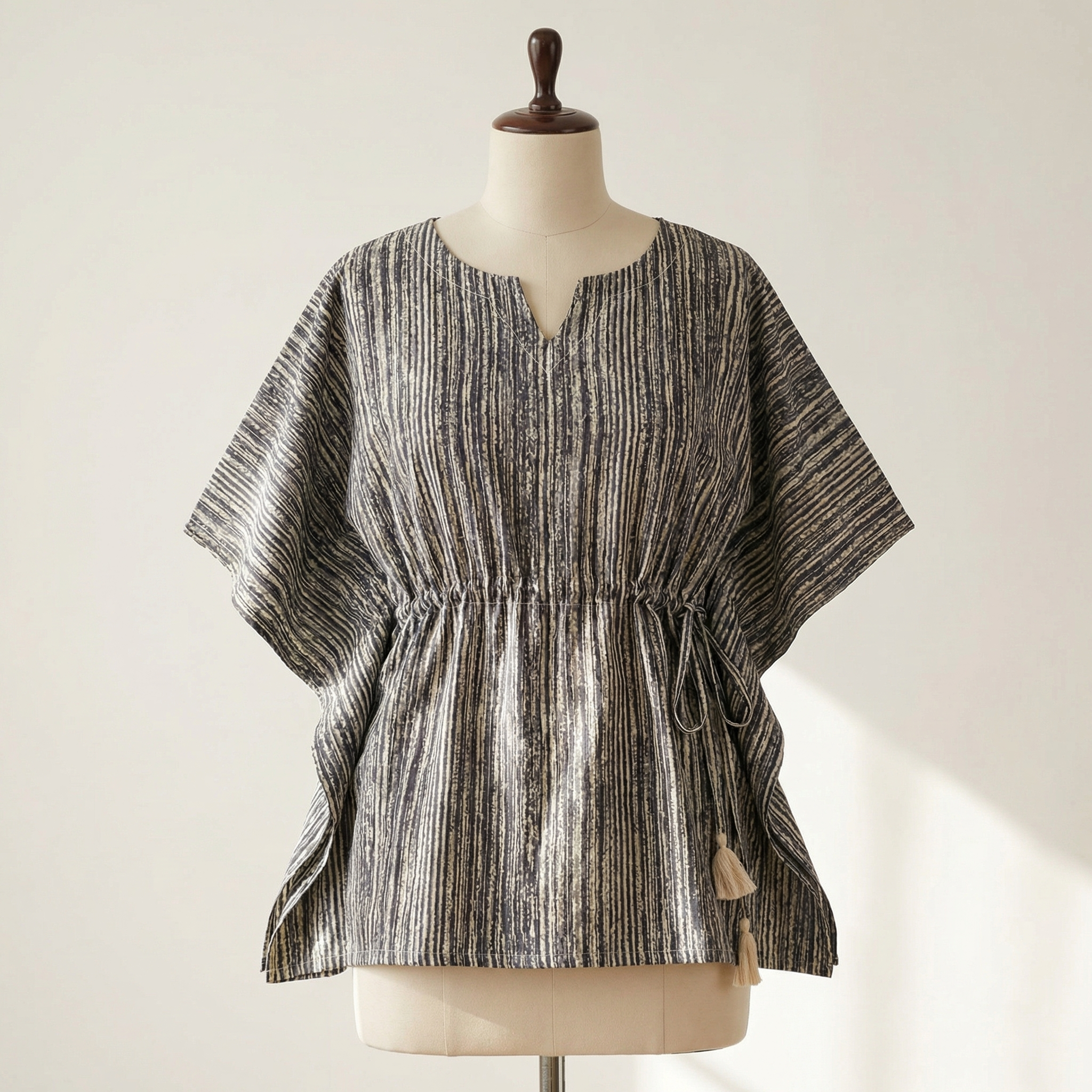 Kaftan Top #15- Stripes printed organic cotton kaftan top in grey