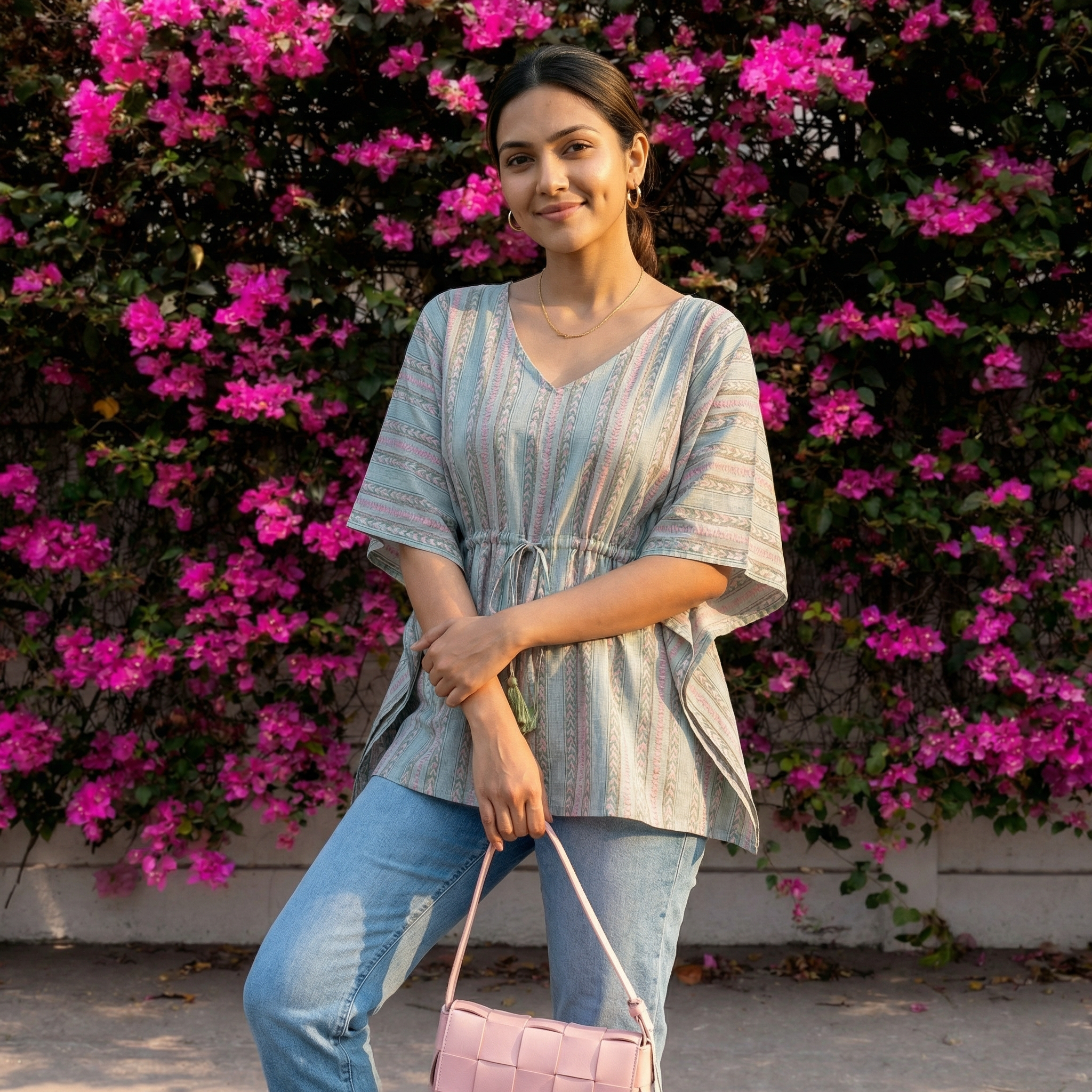 Kaftan Top #31- Geometric  printed organic cotton kaftan top in sage green