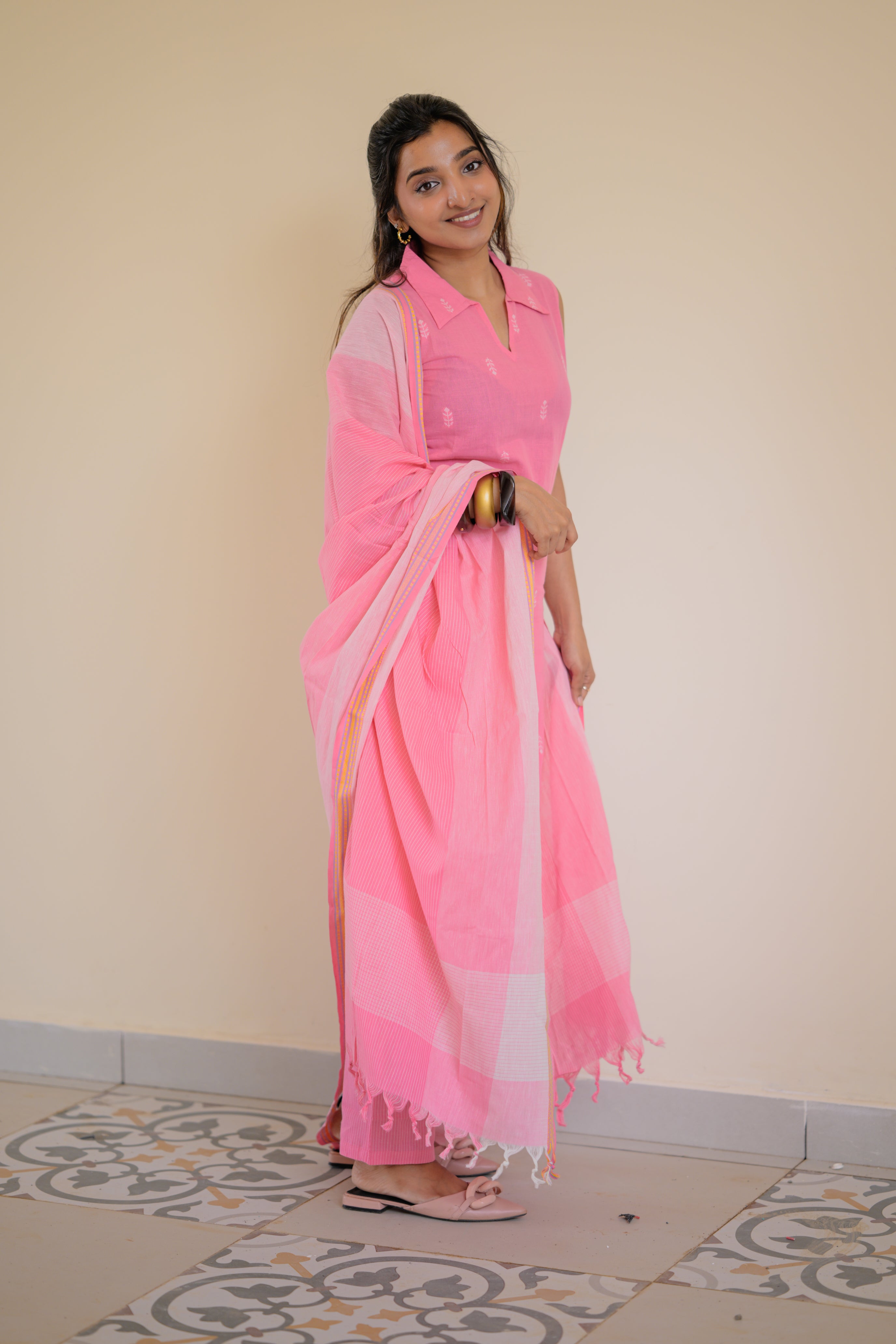 Padmashree ( baby pink)- handloom cotton suit set in baby pink