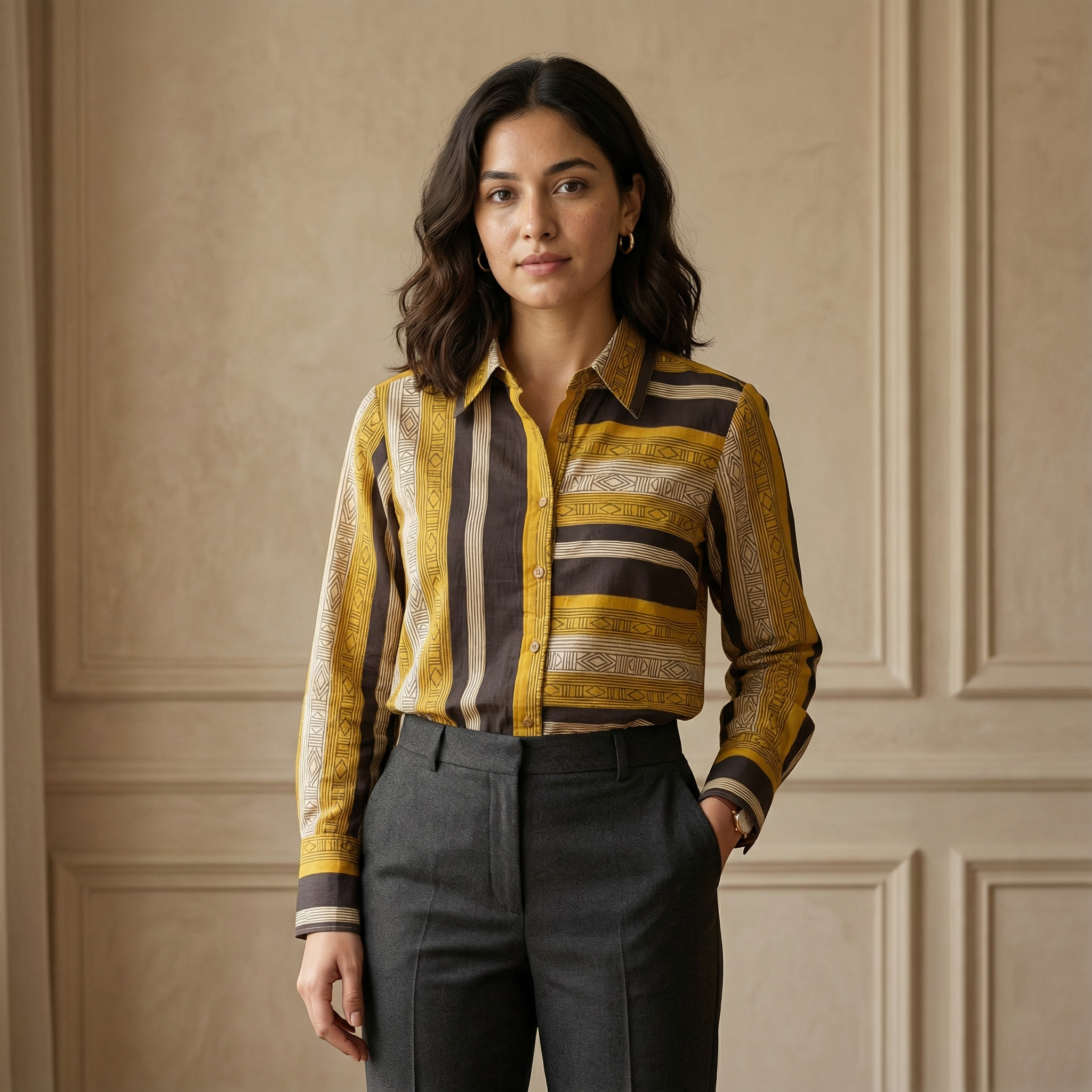 Women's shirt 18- Floral printed organic cotton shirt in mustard yellow