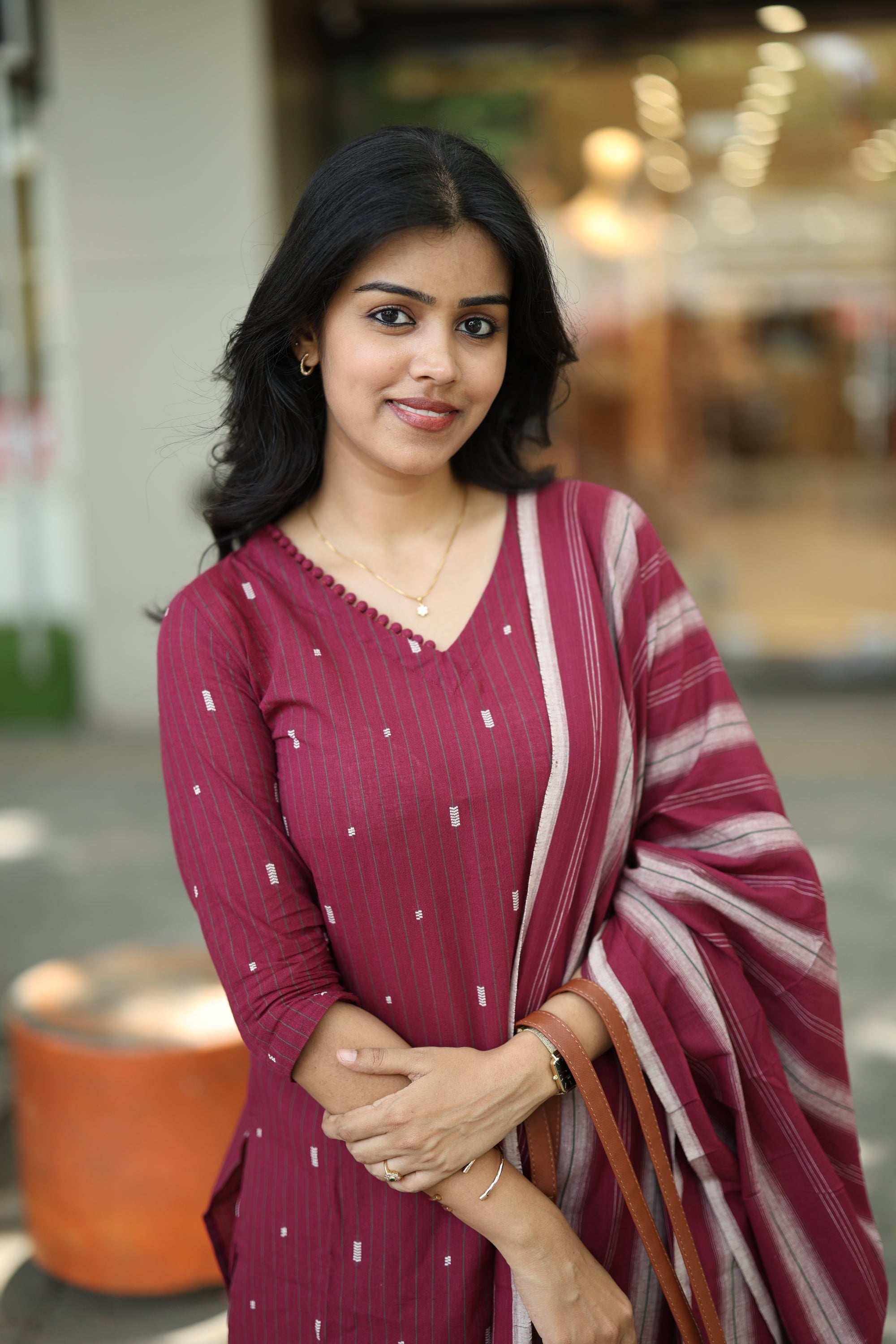 Moumitha - handloom cotton suit set in dark maroon colour