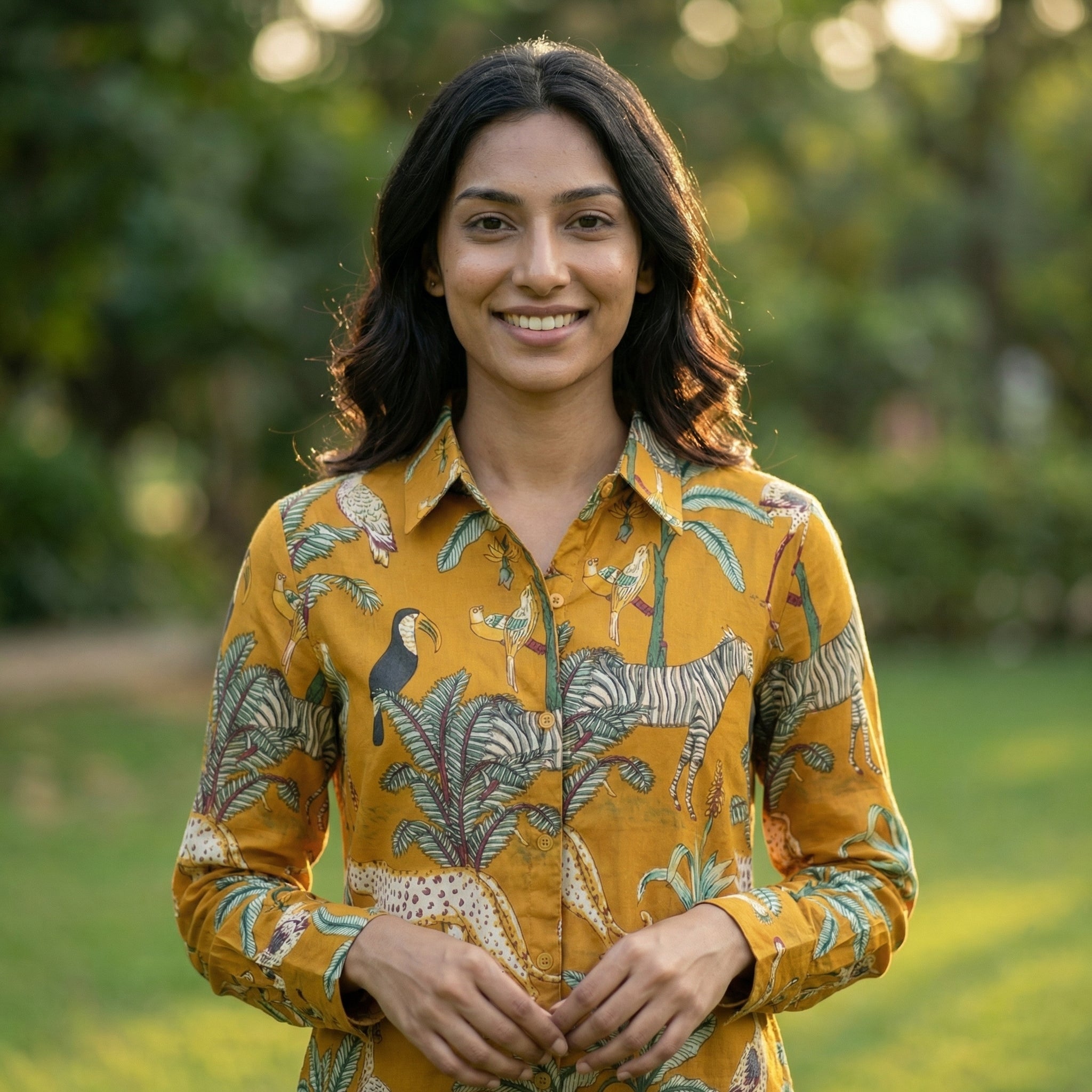 Women's shirt 36-  Jungle printed organic cotton shirt in mustard yellow