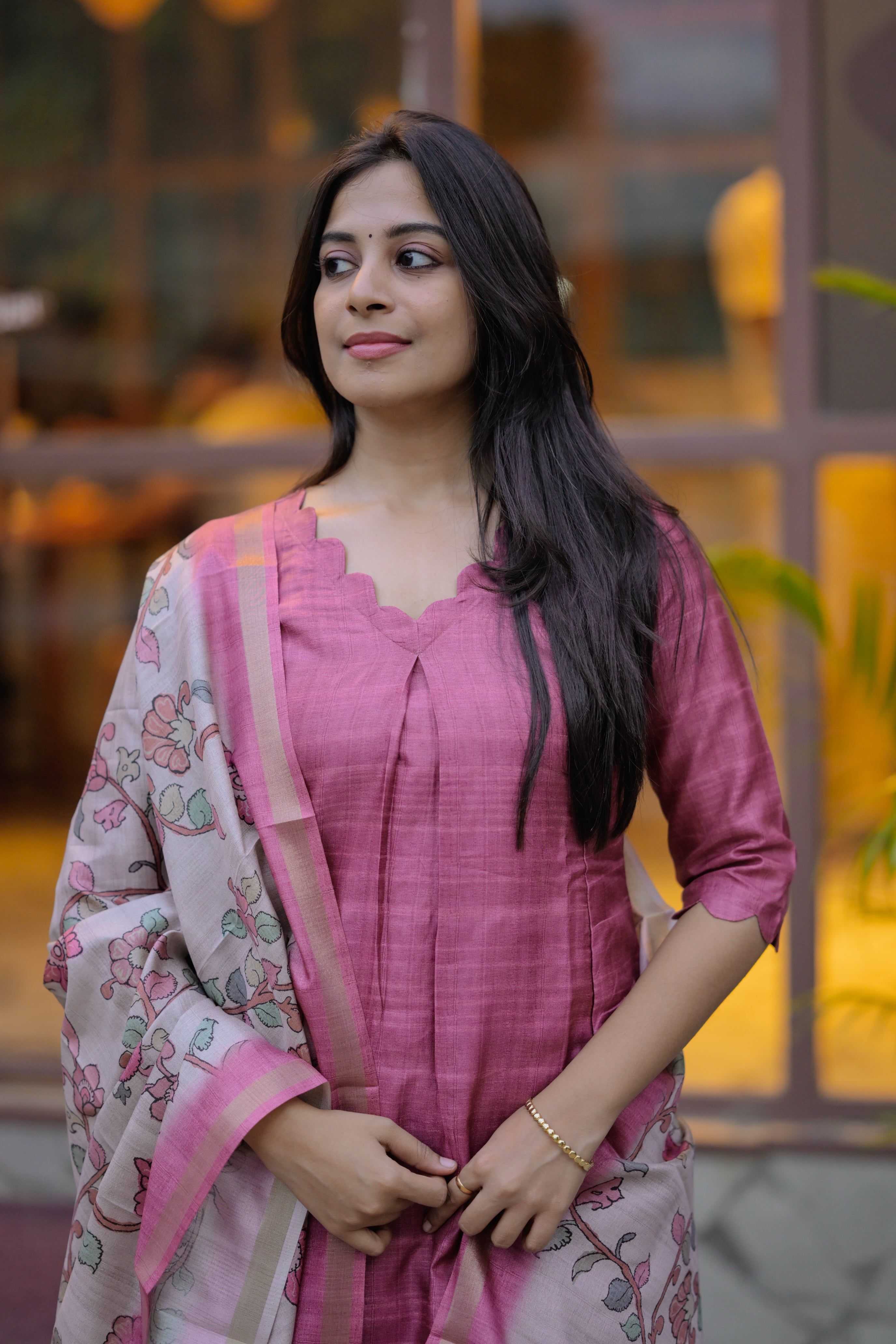 Vrinda ( pink) - pure tussar silk kurta with pen kalamkari tussar dupatta in pink