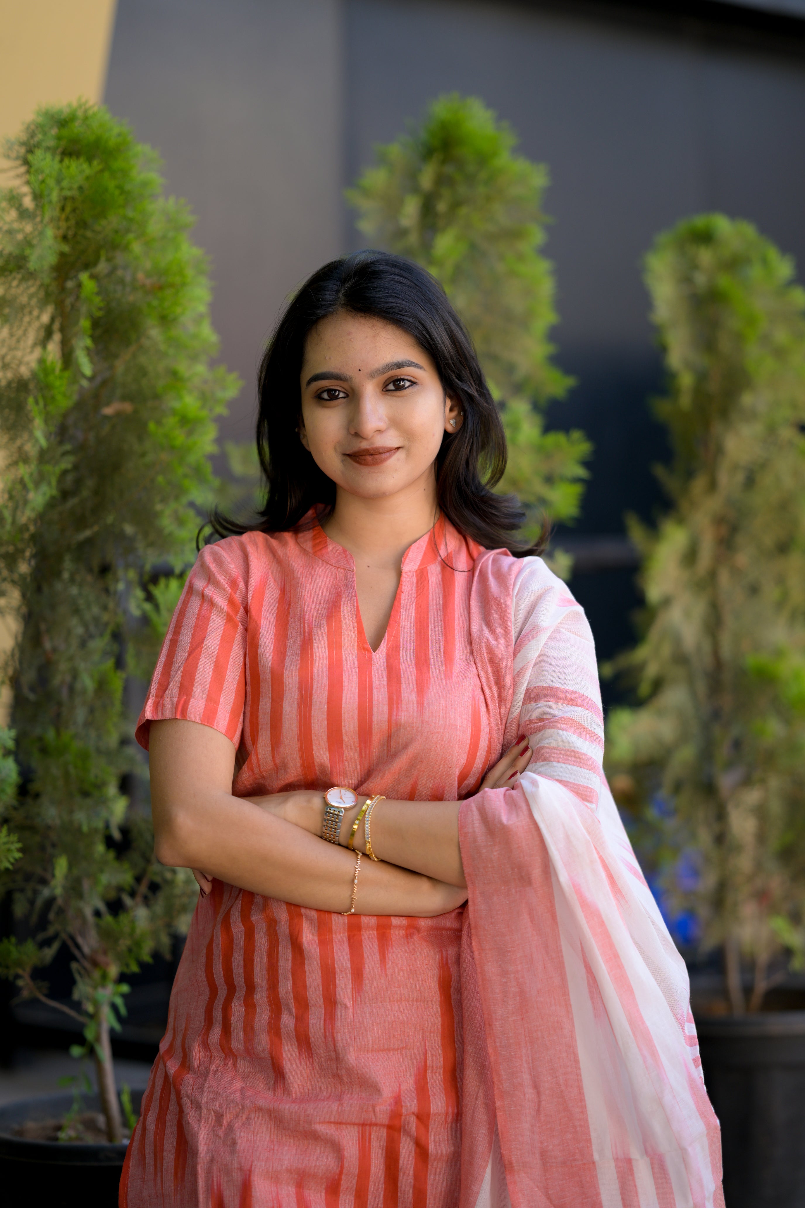 Thendral ( peach ) - ikkat handloom cotton suit set with dupatta in peach colour