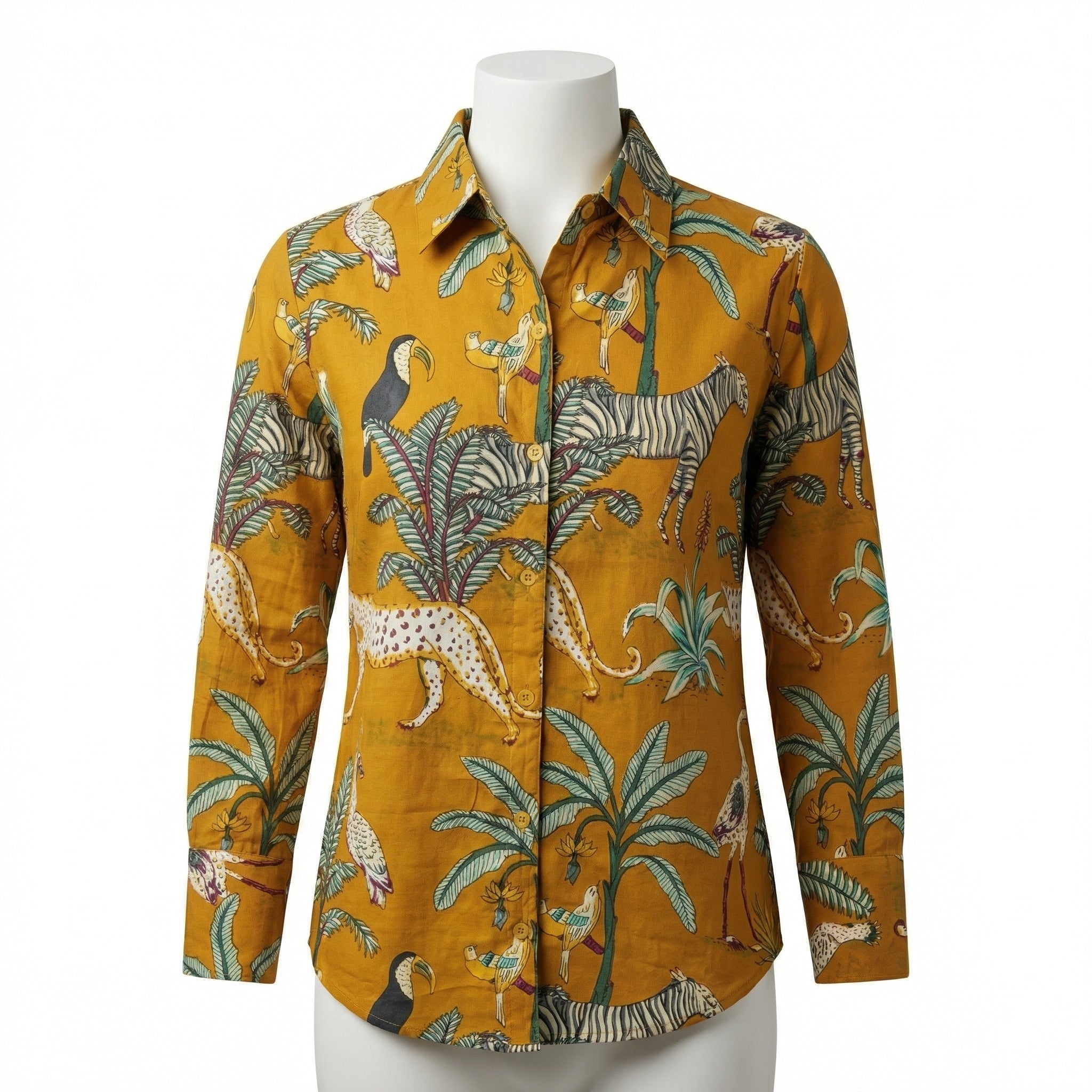 Women's shirt 36-  Jungle printed organic cotton shirt in mustard yellow