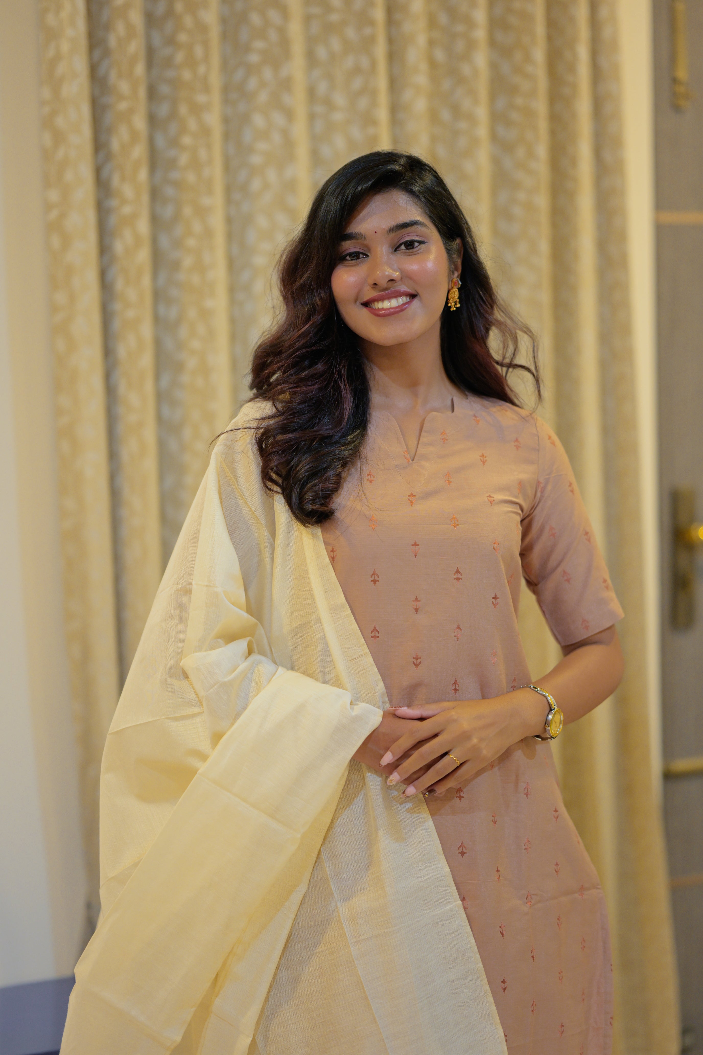 Kaveri (biscoff ) - tussar like suit set in biscoff and white colour
