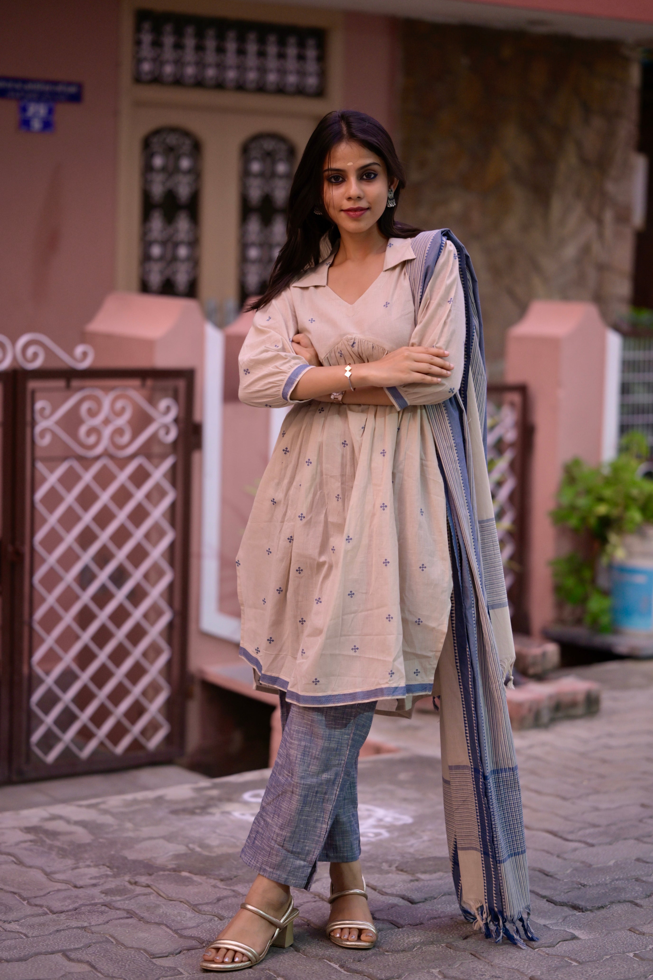 Yashasvi ( blue) - handloom linen cotton suit set in cream and blue
