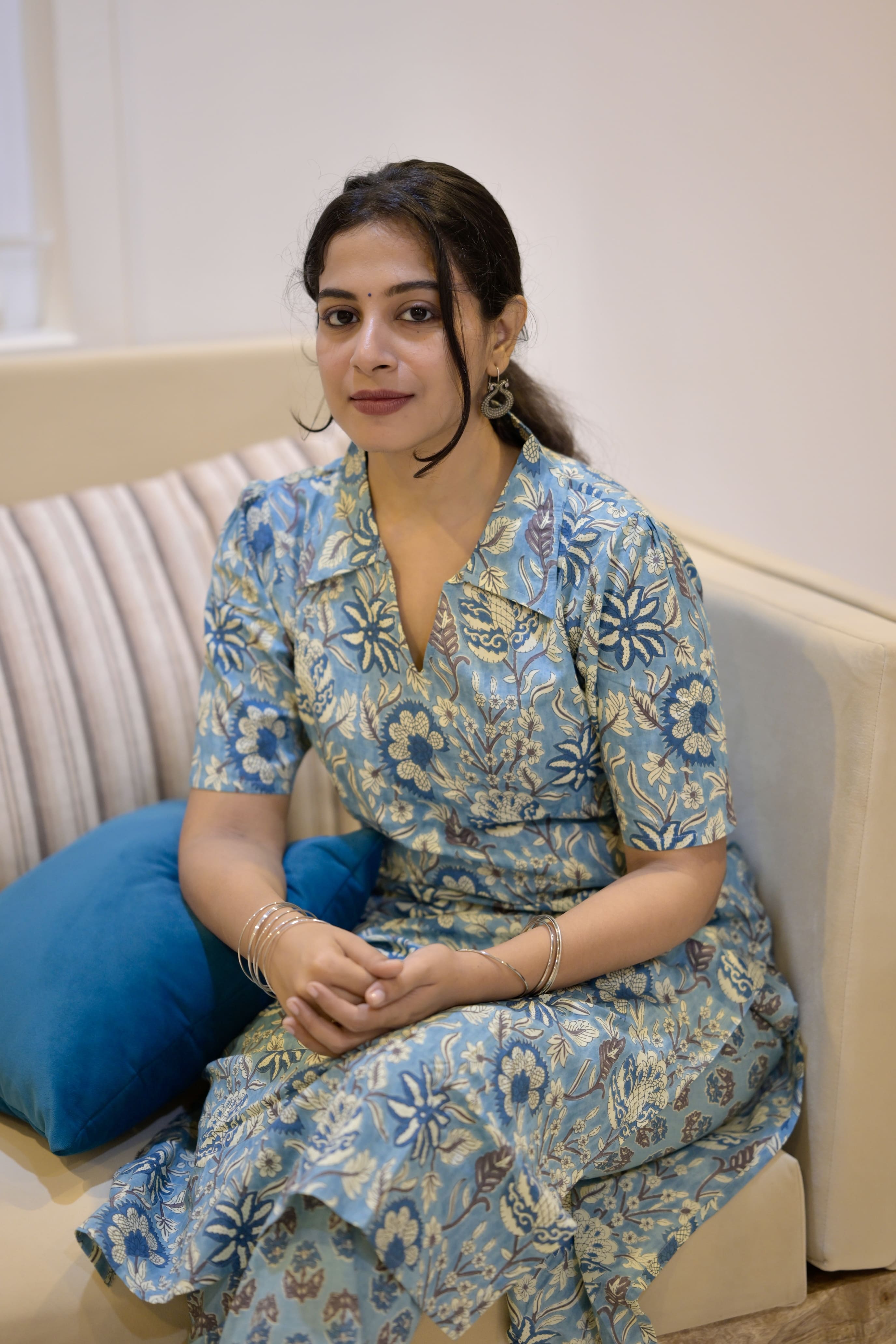 Vaanya - jaal hand block printed cotton kurta set in sky blue colour