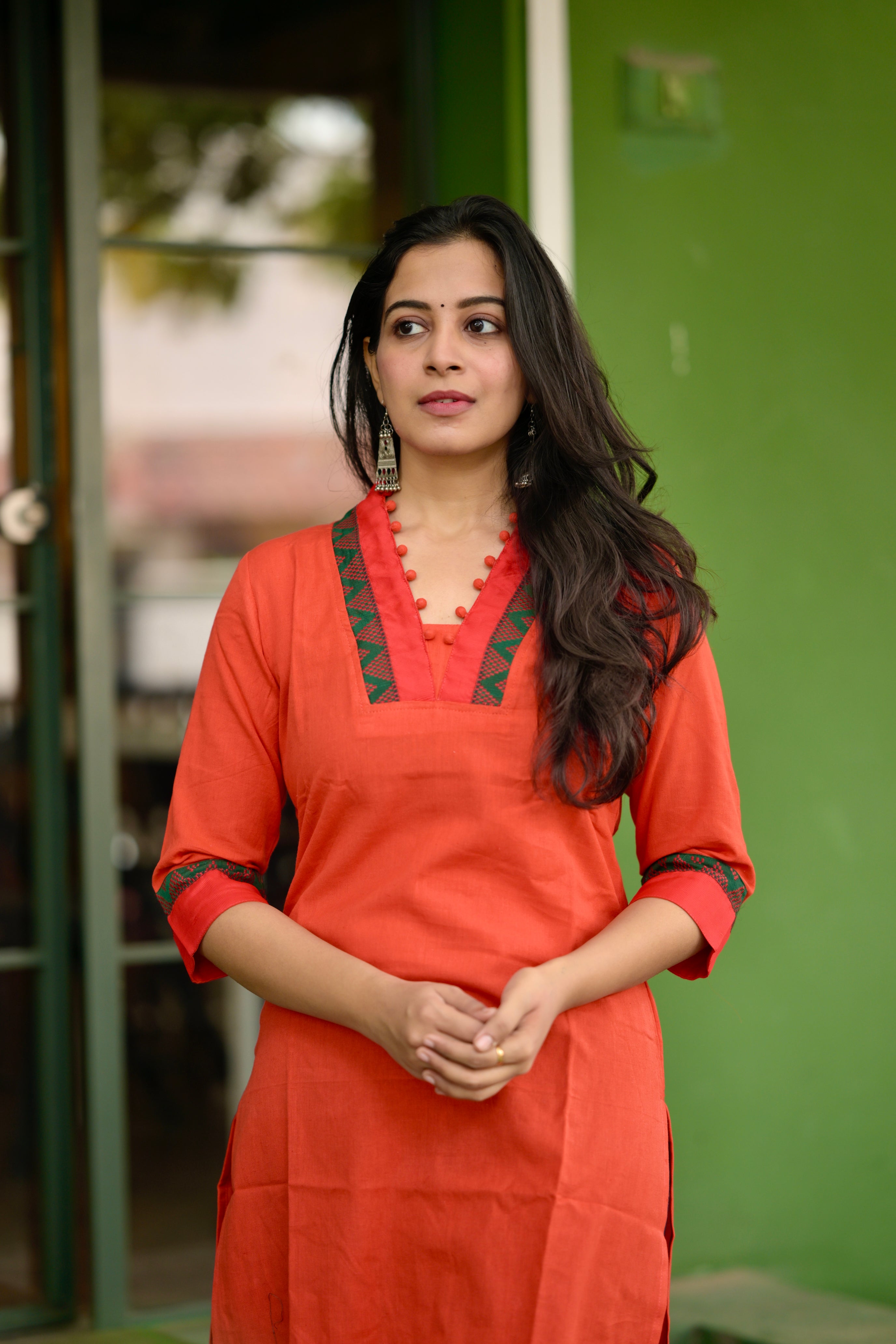 Nayanthara #11 -handloom cotton kurti in red & green