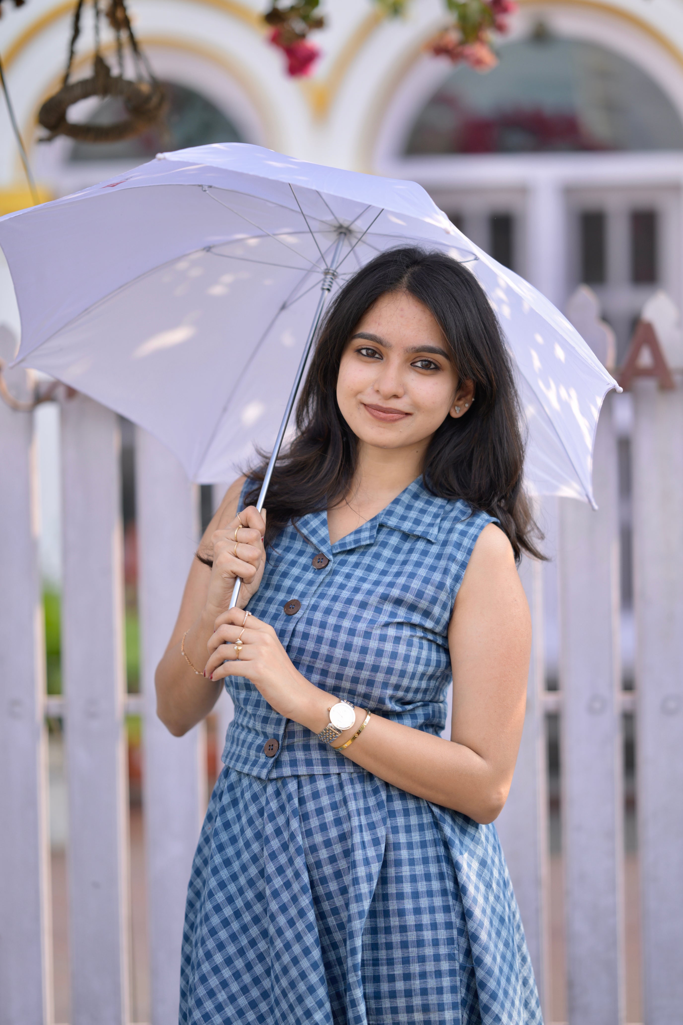 Natasha ( blue  )  - checked handloom cotton skirt set in blue