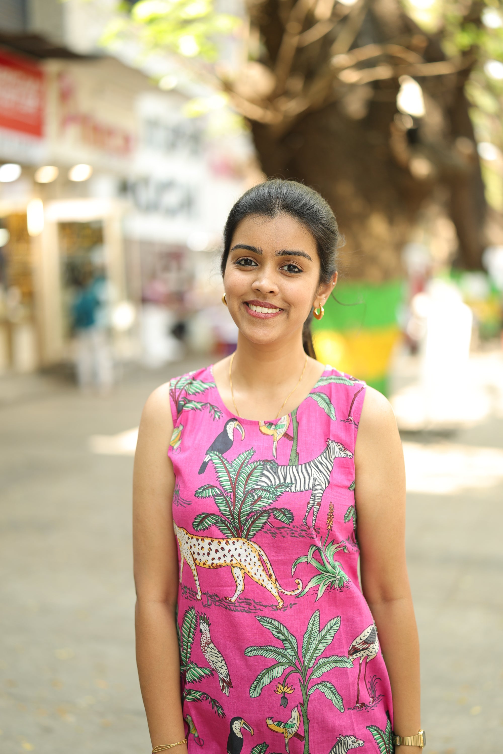 Dress 28 - Tropical animal printed organic cotton  dress in pink