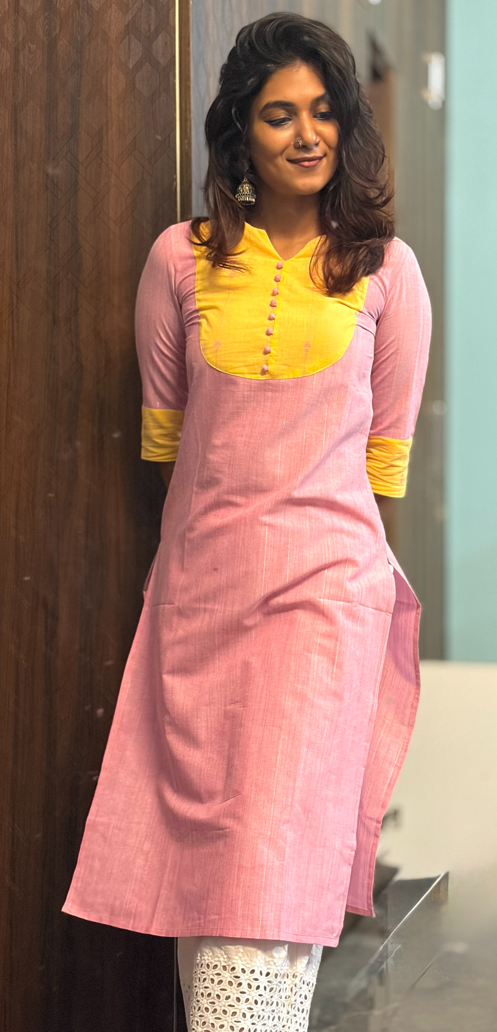 Pattern kurti 32- Handloom cotton kurti in pink and yellow