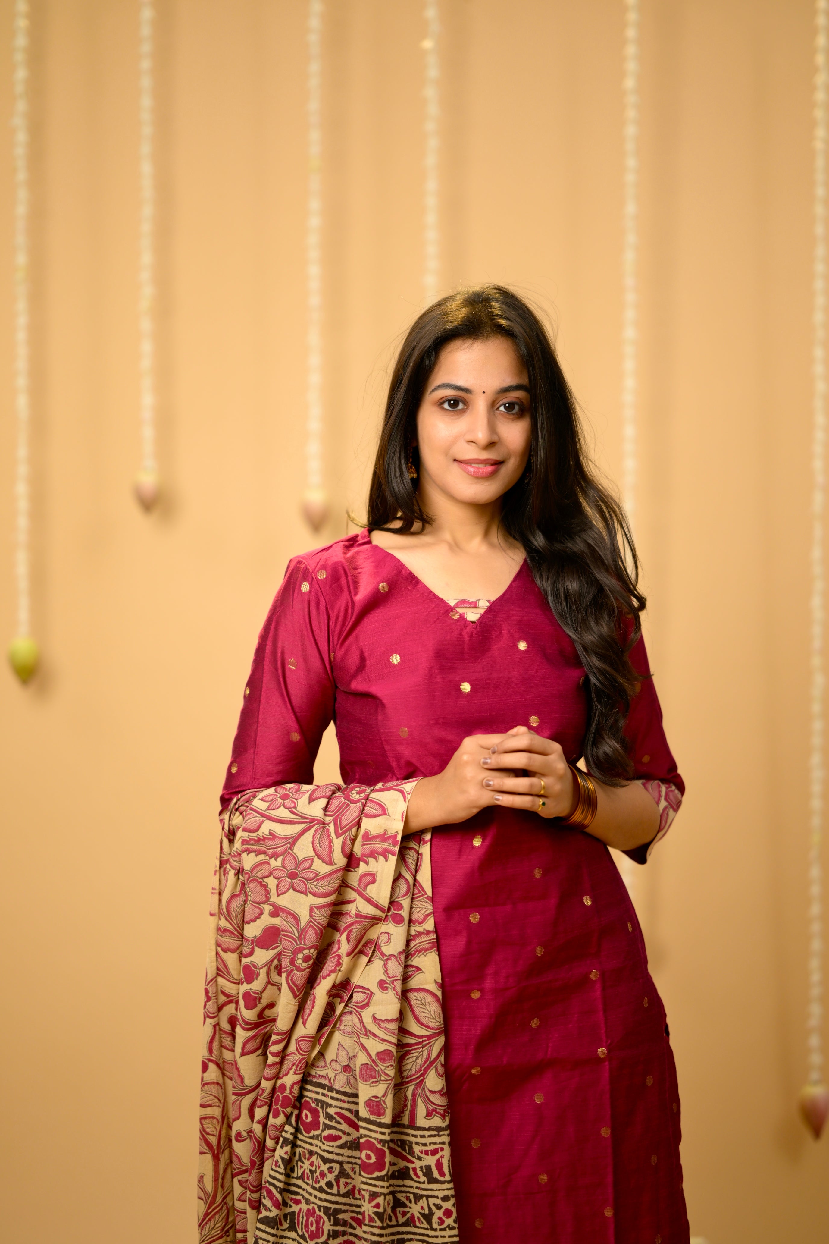 Kothai (pink) - handloom silk by cotton suit set with hand painted kalamkari dupatta in pink