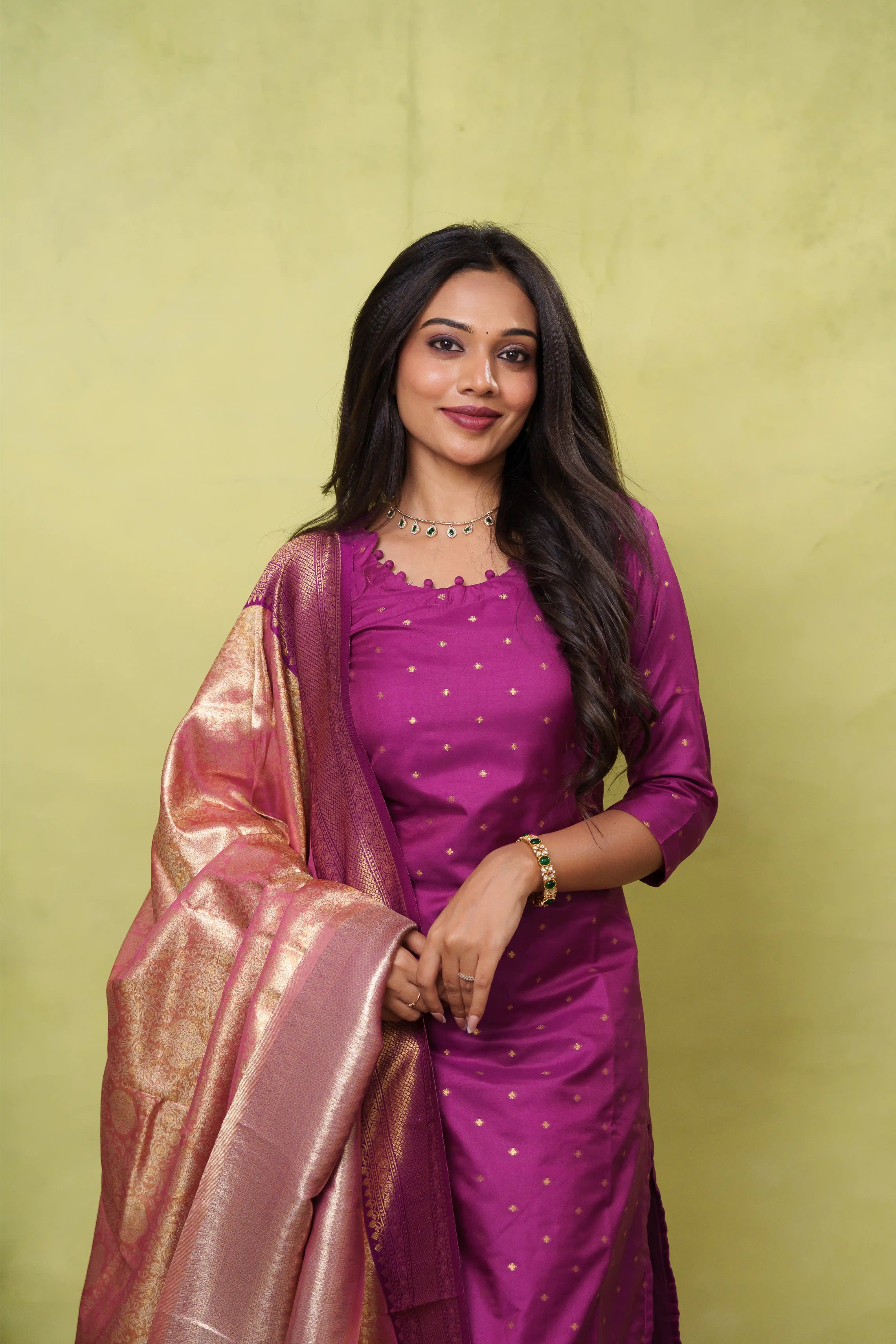 Vivahika - vegan silk suit set with tissue silk dupatta in magenta