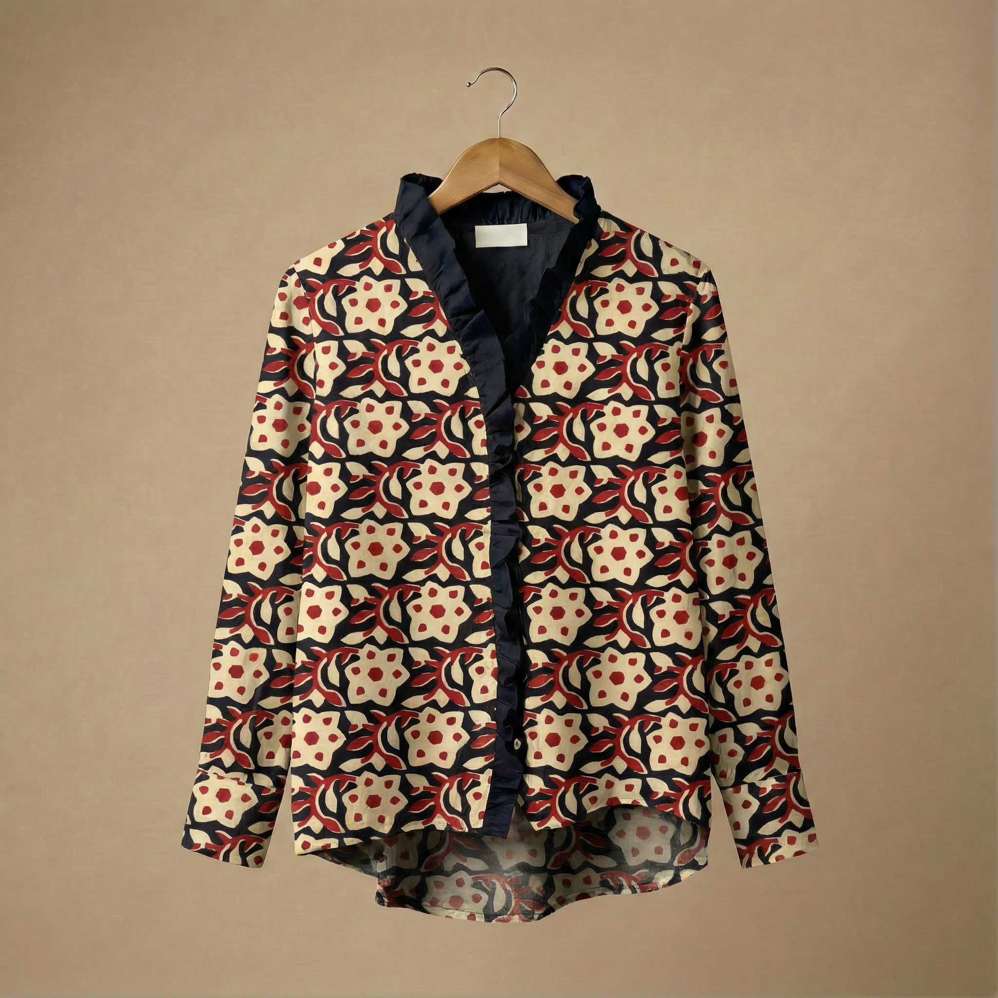 Women's shirt 16- Floral printed organic cotton shirt in red and cream