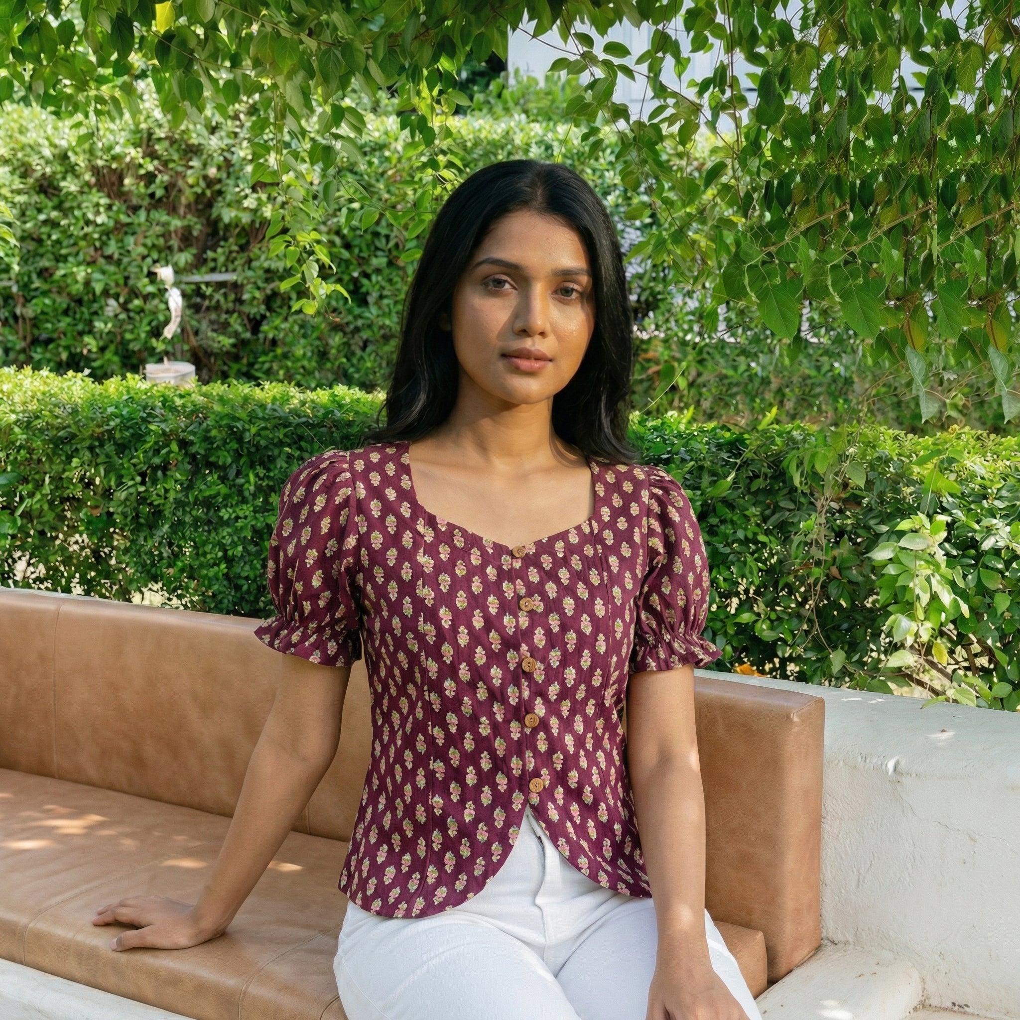 Crop top #74- handloom puff hand organic cotton top in maroon