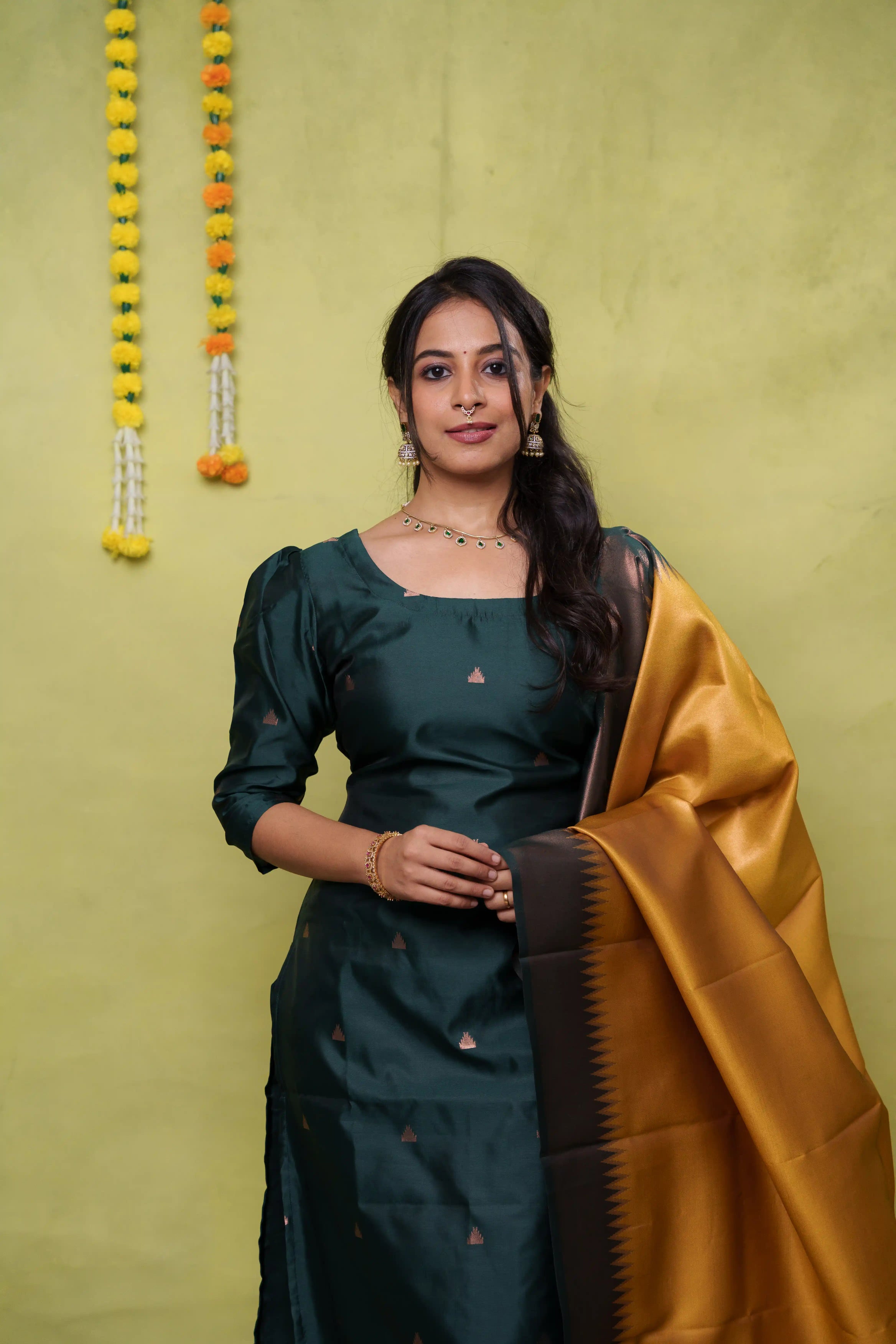 Vruksha Sunlit Emerald - green vegan silk suit with yellow dupatta with temple border