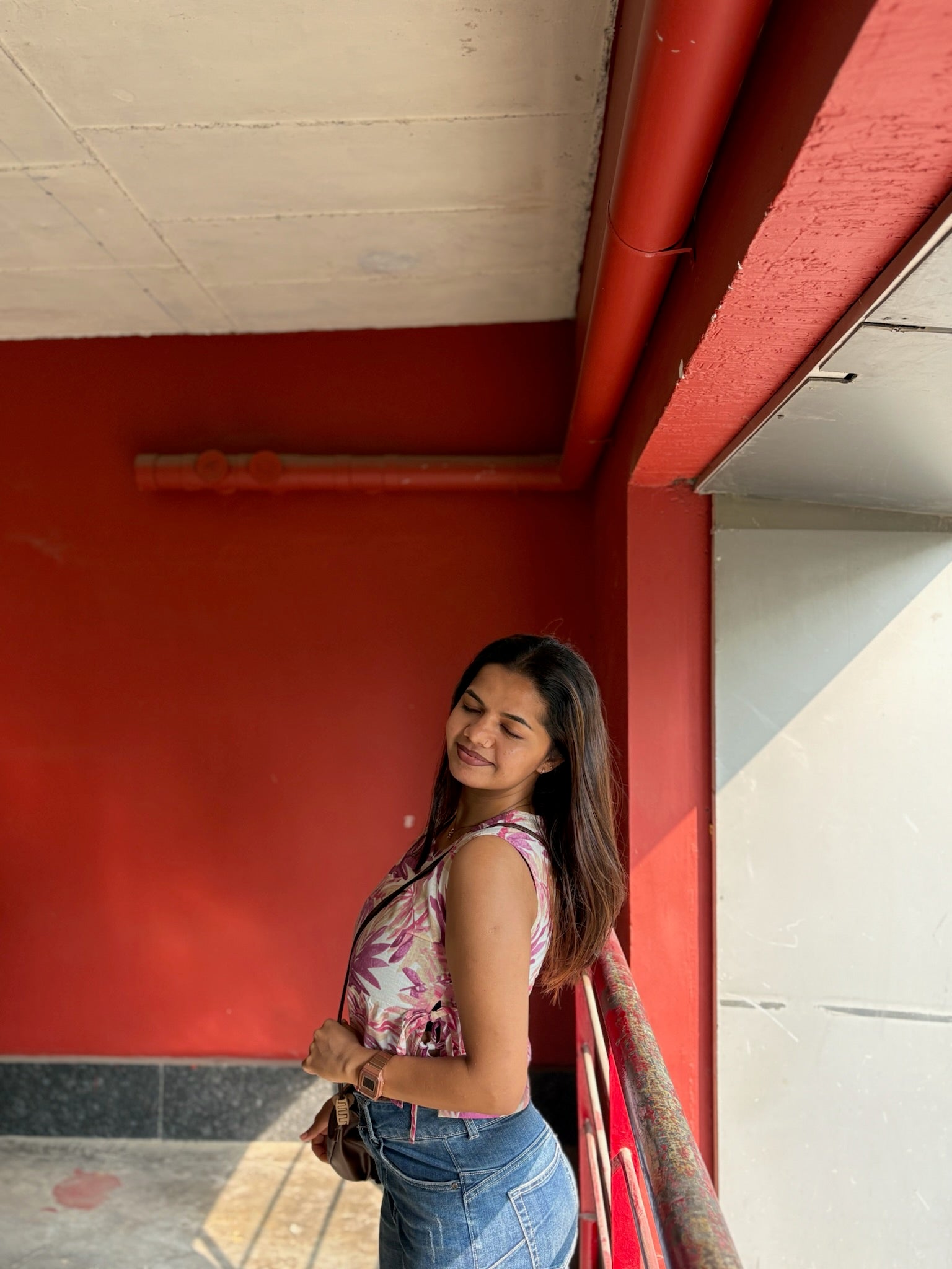 Crop top #7 - Floral printed organic top in beige and pink