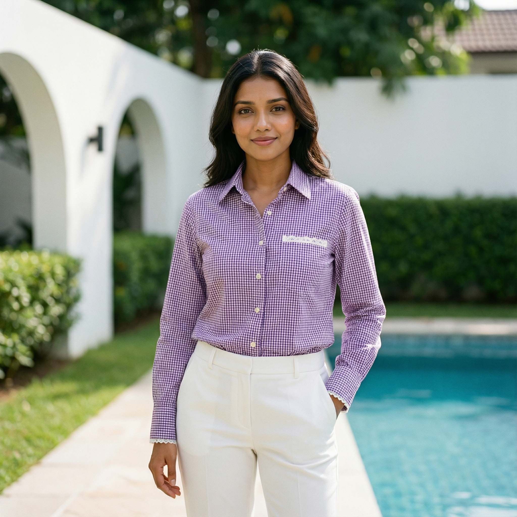 Women's shirt 21- check printed organic cotton shirt in lavender