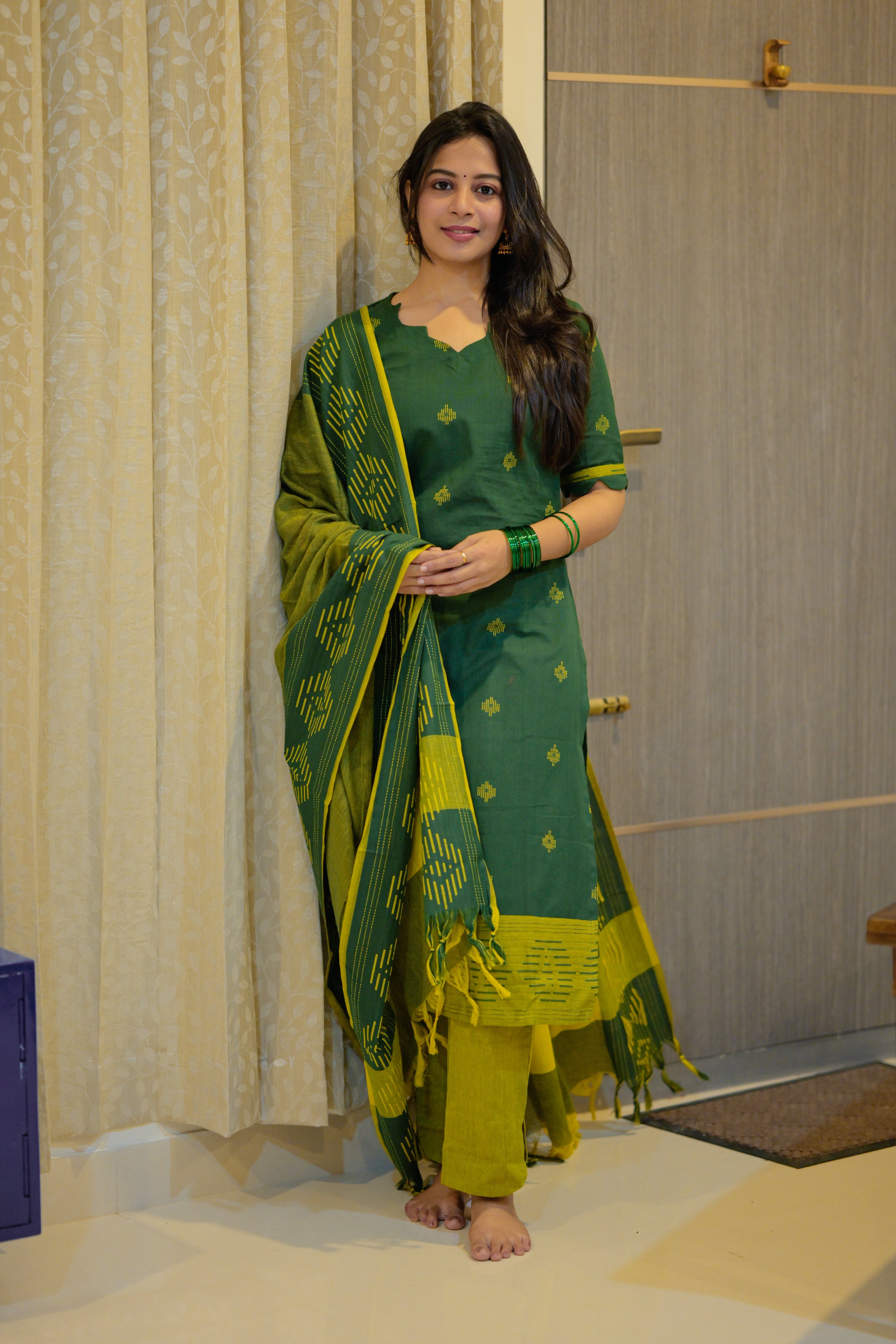 Vasundhra (green) - handloom cotton jamdhani suit set in green