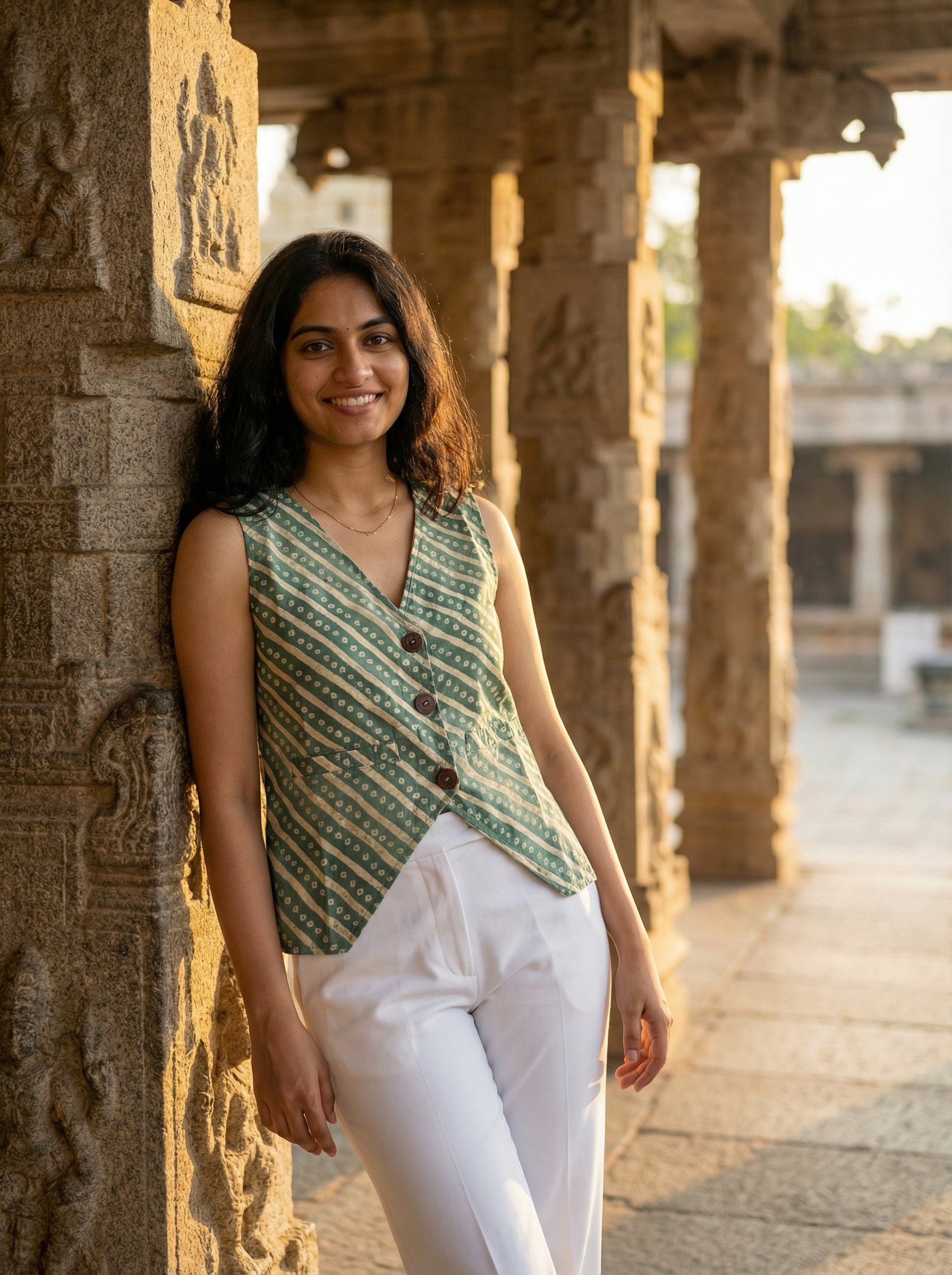 Crop top #37- handloom  organic cotton top in green& beige
